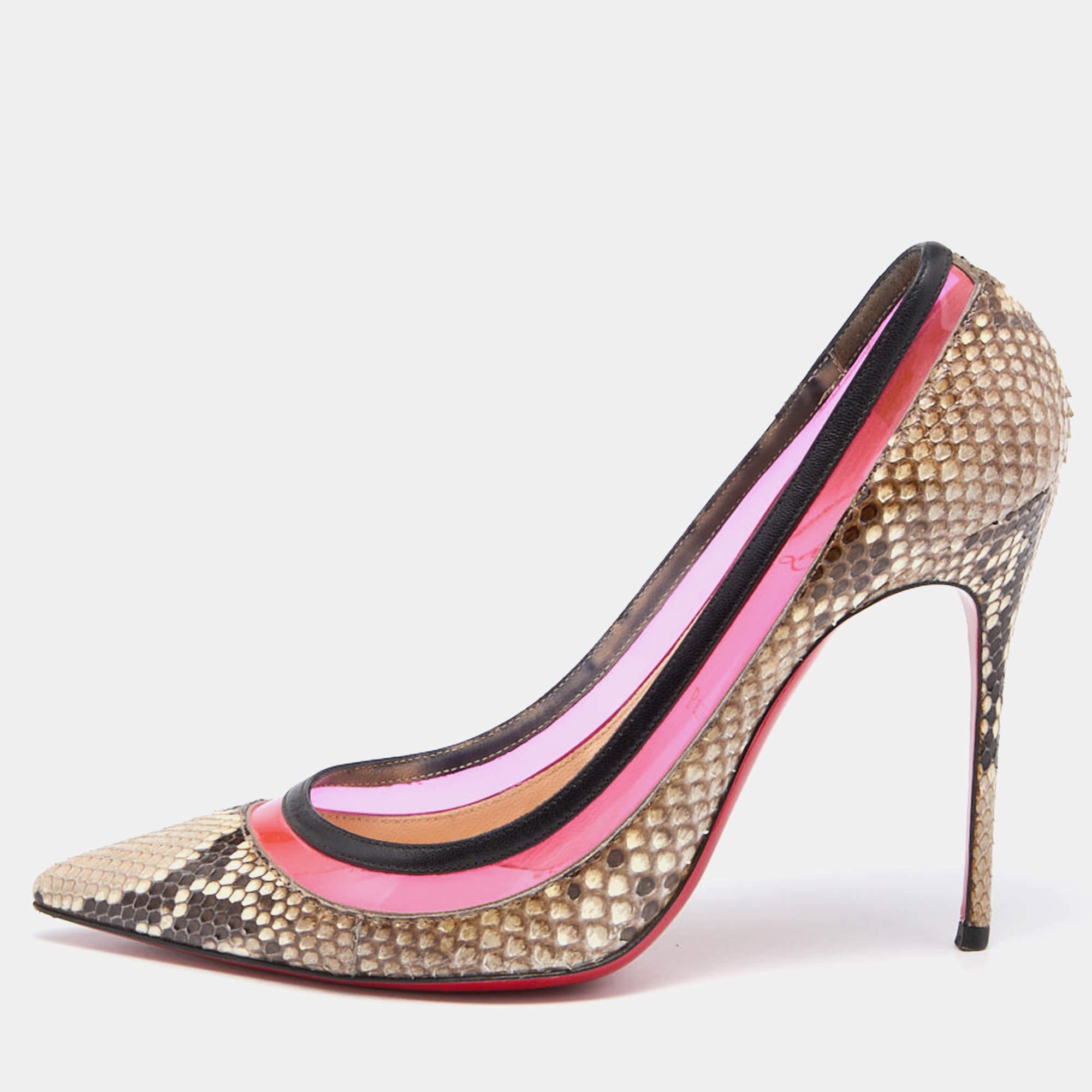 Pre Owned Christian Louboutin Pink/Beige Python and PVC Paulina Pumps Size 39