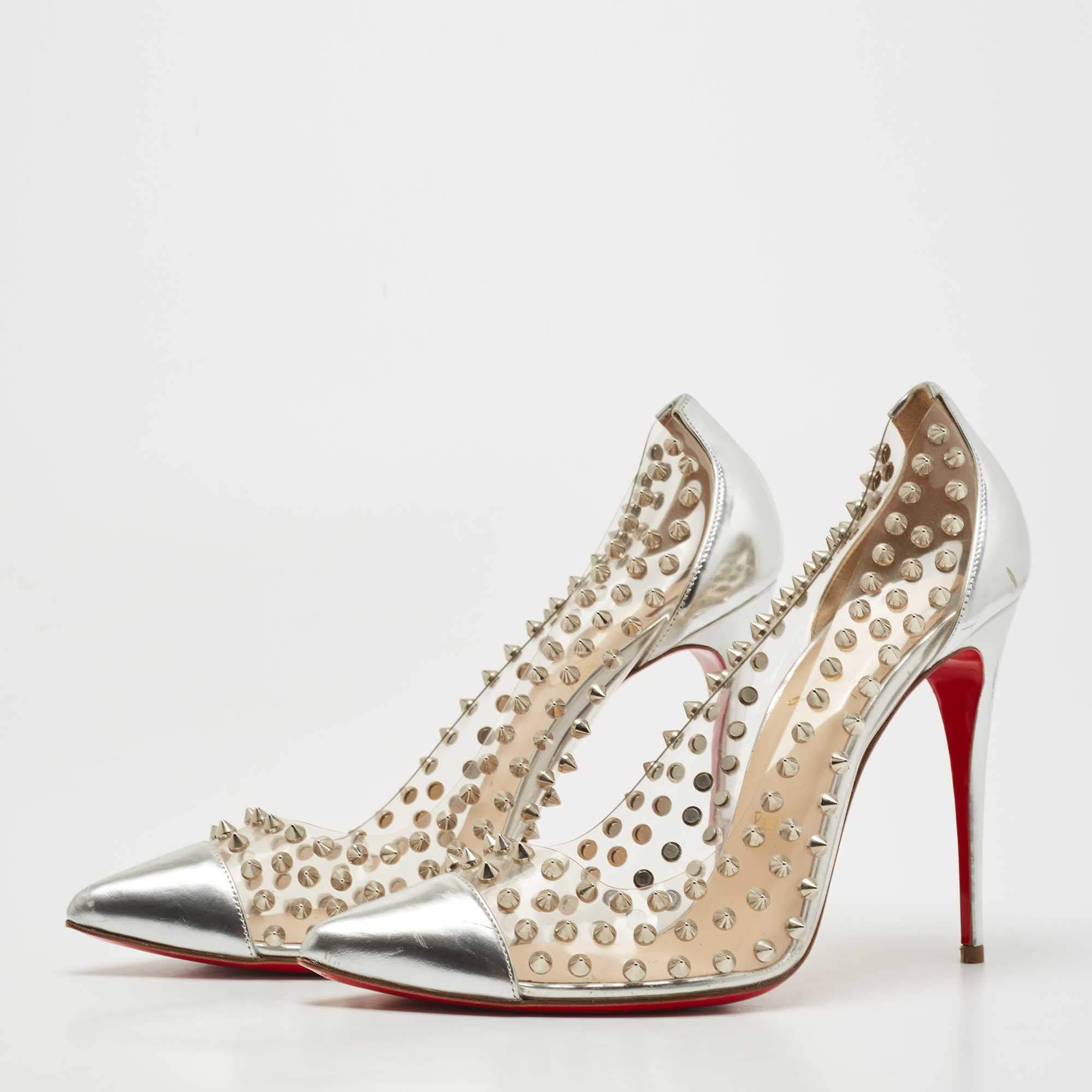 Christian Louboutin Silver Leather and PVC Spike Me Pumps Size 41