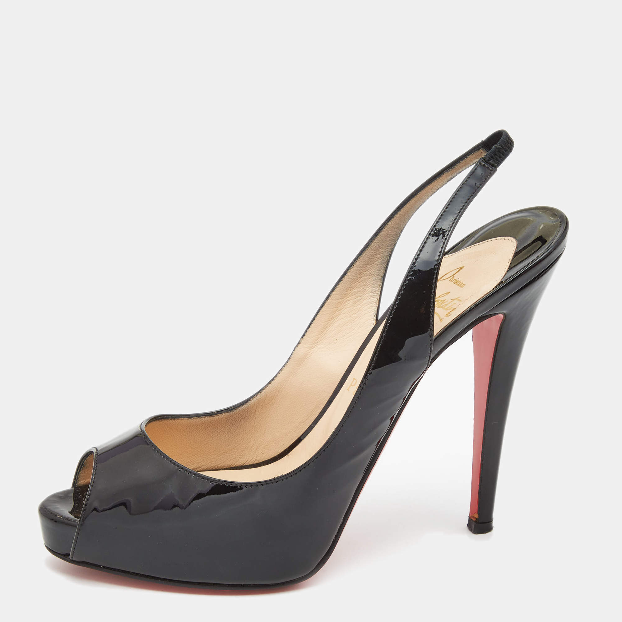 Pre Owned Christian Louboutin Black Patent Leather No Prive Slingback Pumps Size 39
