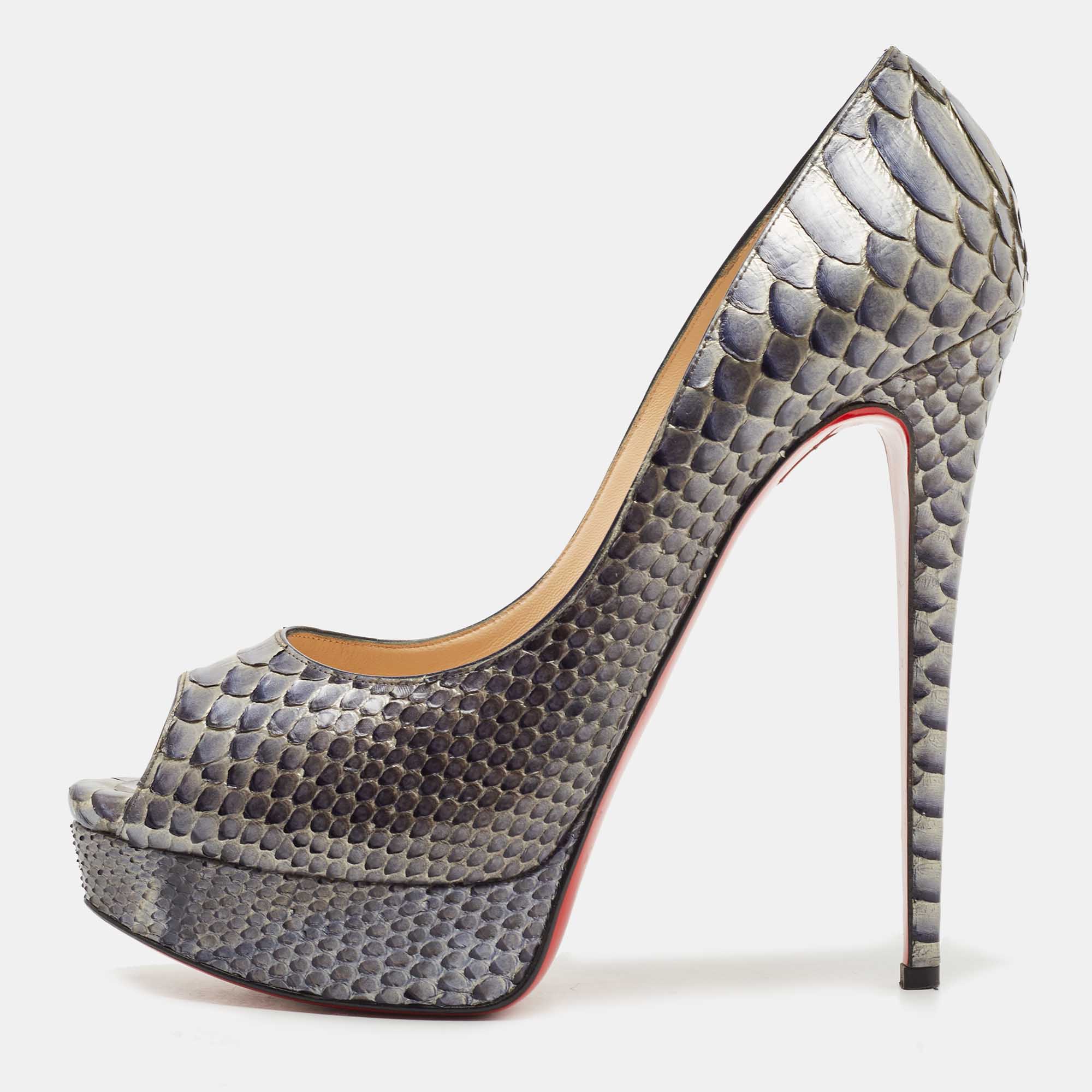 Pre Owned Christian Louboutin Two Tone Python Lady Peep Pumps Size 40.5