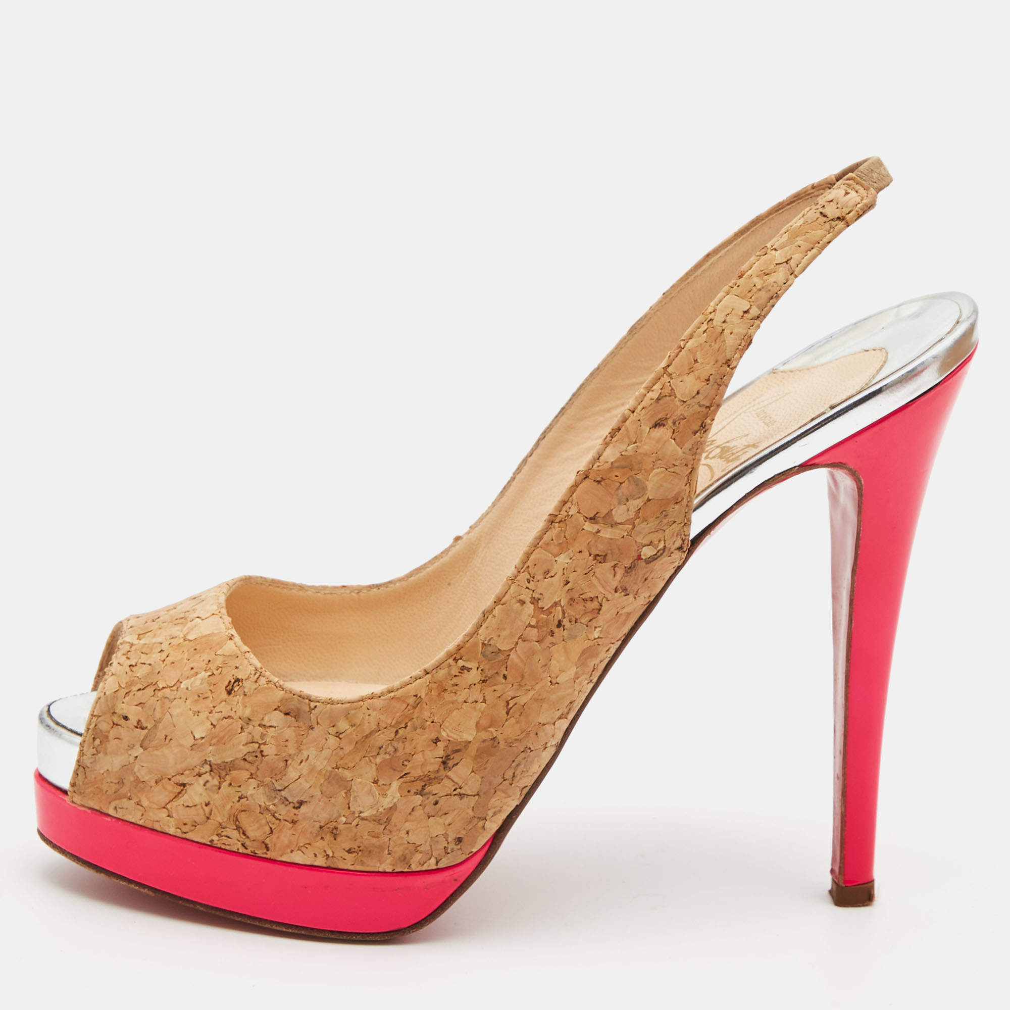 Christian Louboutin Brown Cork Catenita Platform Sligback Pumps Size 37.5