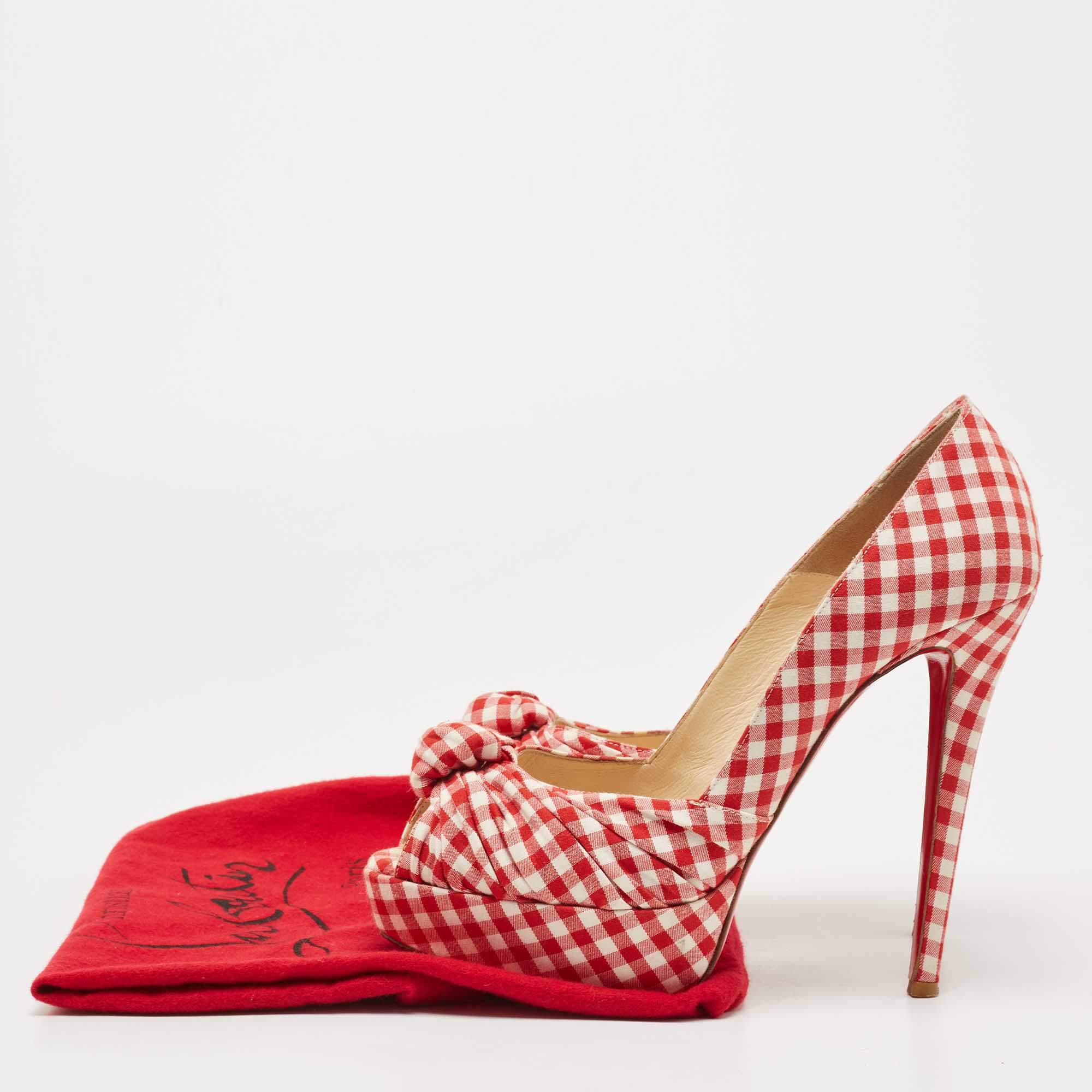 Pre Owned Christian Louboutin Red/White Gingham Fabric Greissimo Pumps Size 38.5