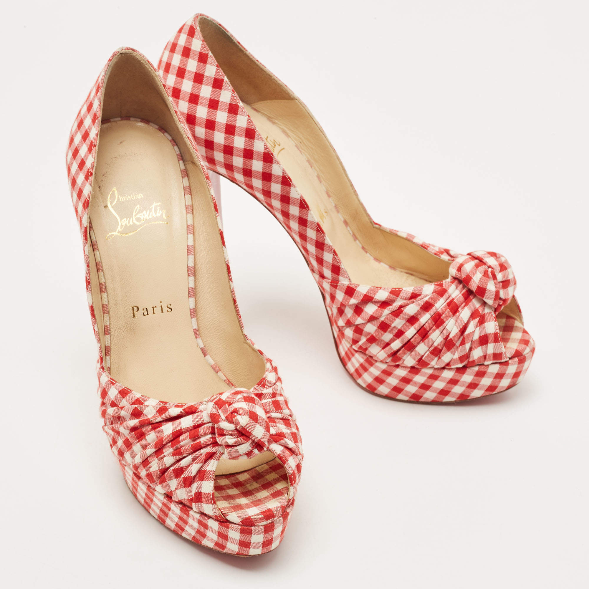 Pre Owned Christian Louboutin Red/White Gingham Fabric Greissimo Pumps Size 38.5