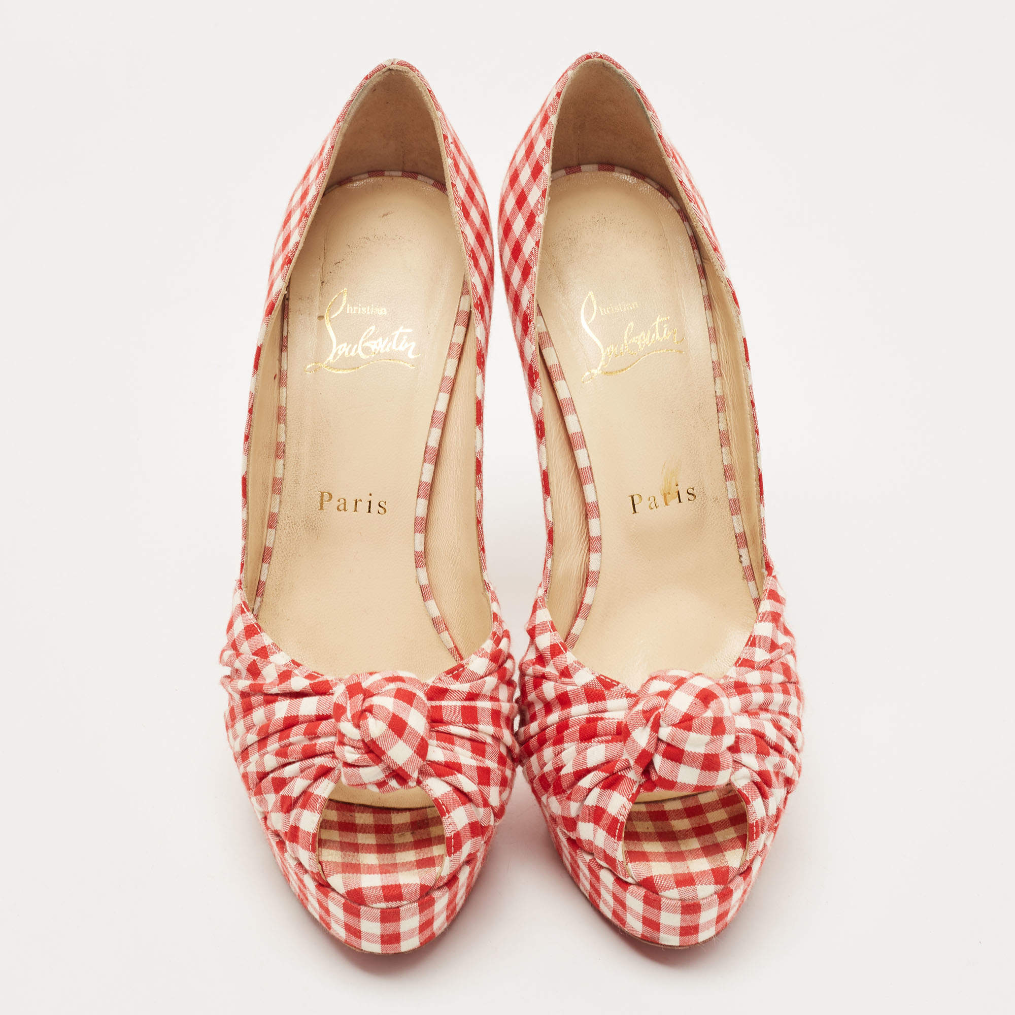 Pre Owned Christian Louboutin Red/White Gingham Fabric Greissimo Pumps Size 38.5