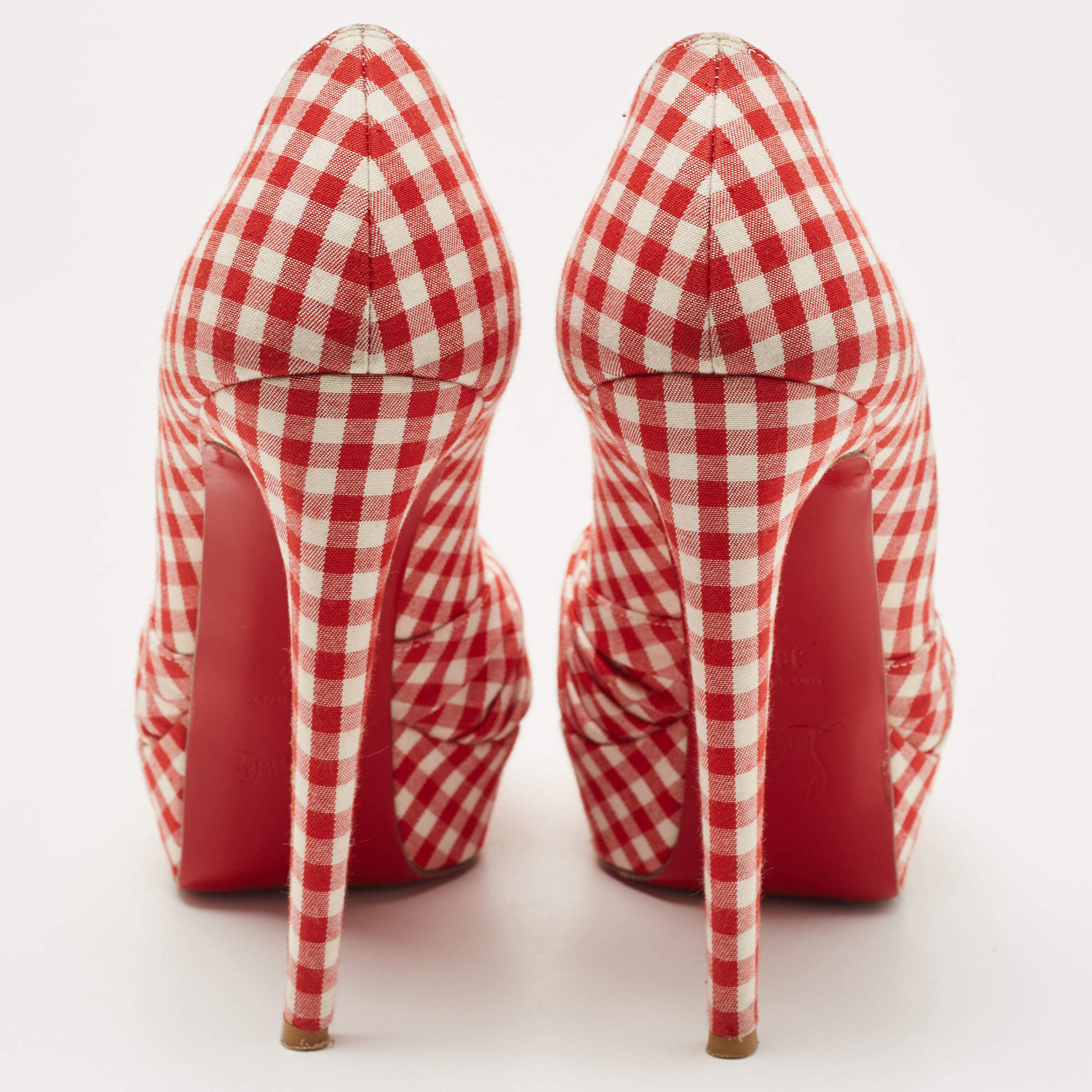 Pre Owned Christian Louboutin Red/White Gingham Fabric Greissimo Pumps Size 38.5