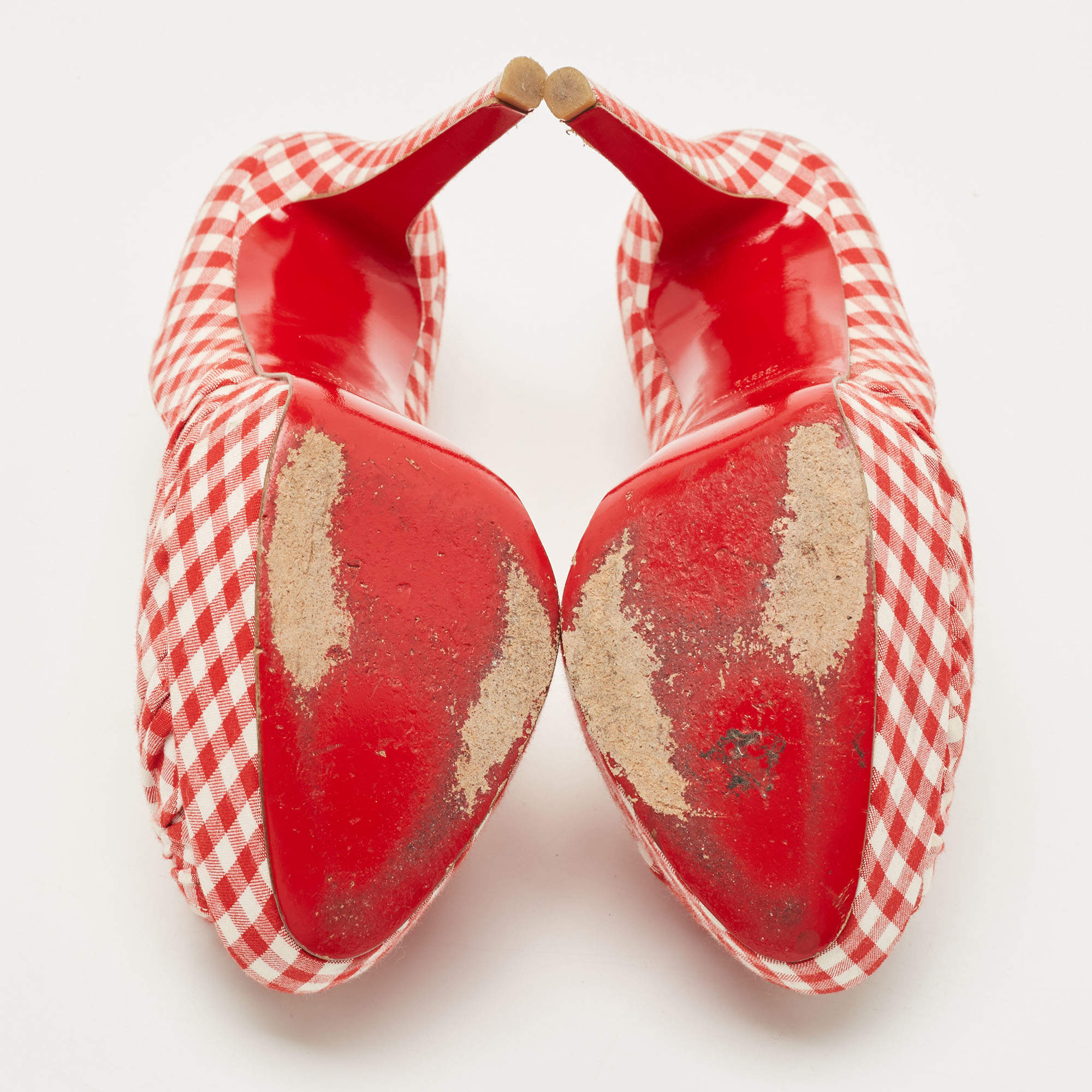 Pre Owned Christian Louboutin Red/White Gingham Fabric Greissimo Pumps Size 38.5