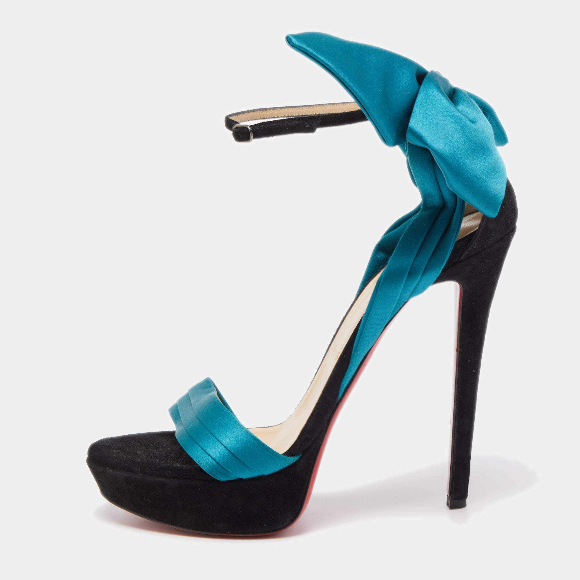 Pre Owned Christian Louboutin Teal/Black Satin and Suede Vampanodo Sandals Size 40.5