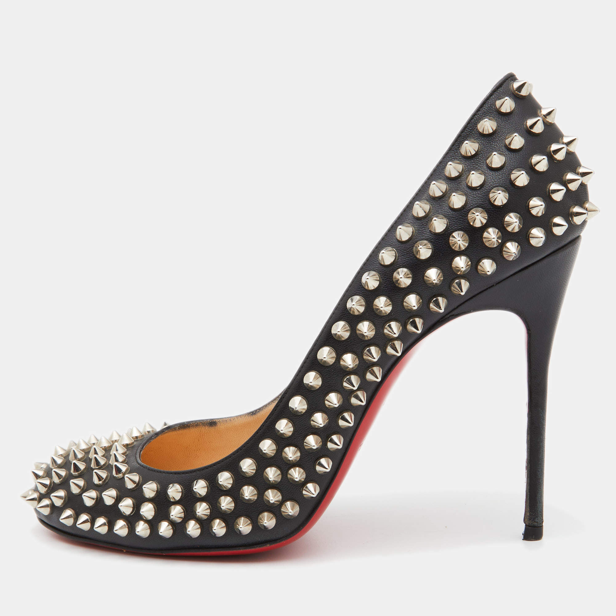 Pre Owned Christian Louboutin Black Leather Fifi Spike Round Toe Pumps Size 39