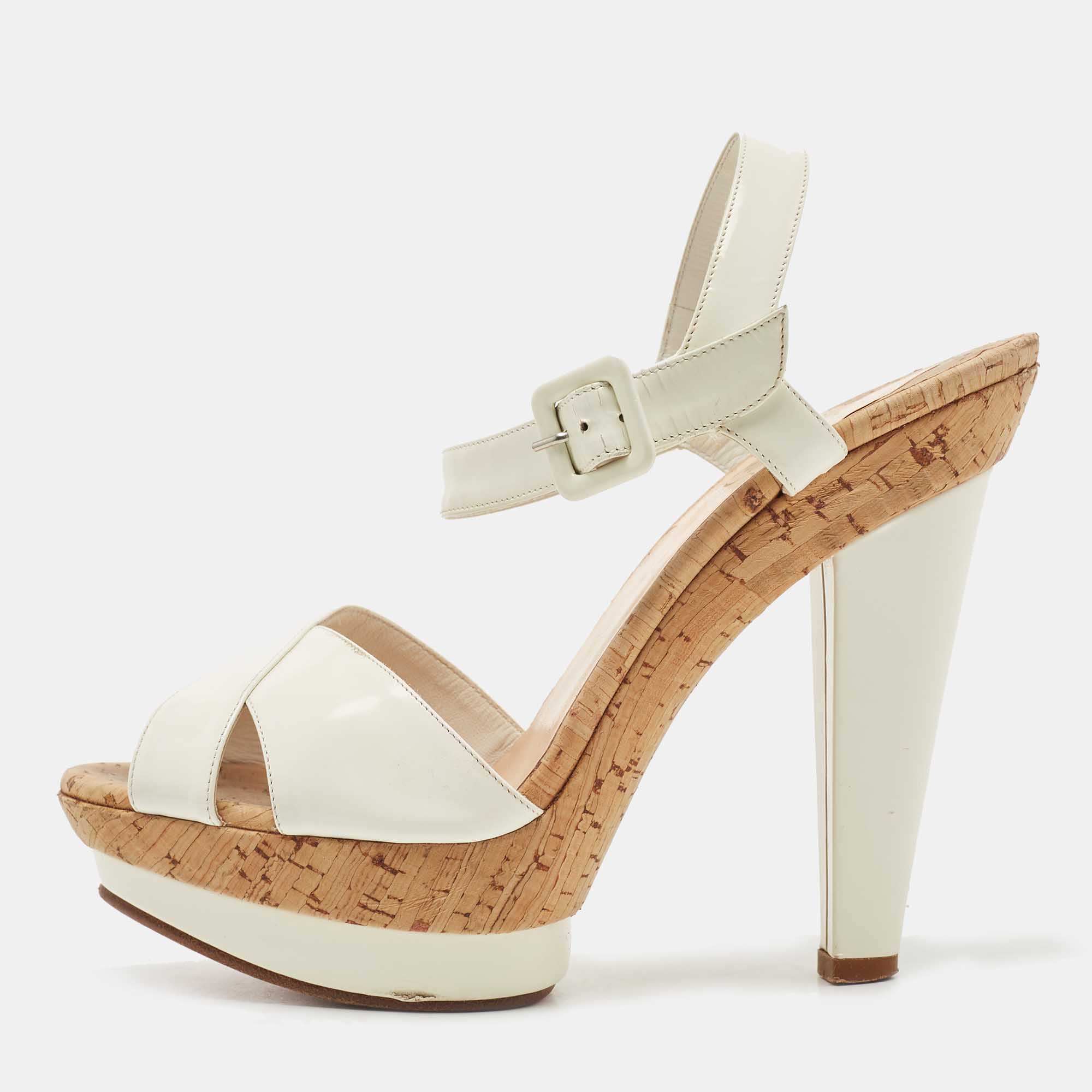 Pre Owned Christian Louboutin White Patent Leather Lafalaise Sandals Size 36.5