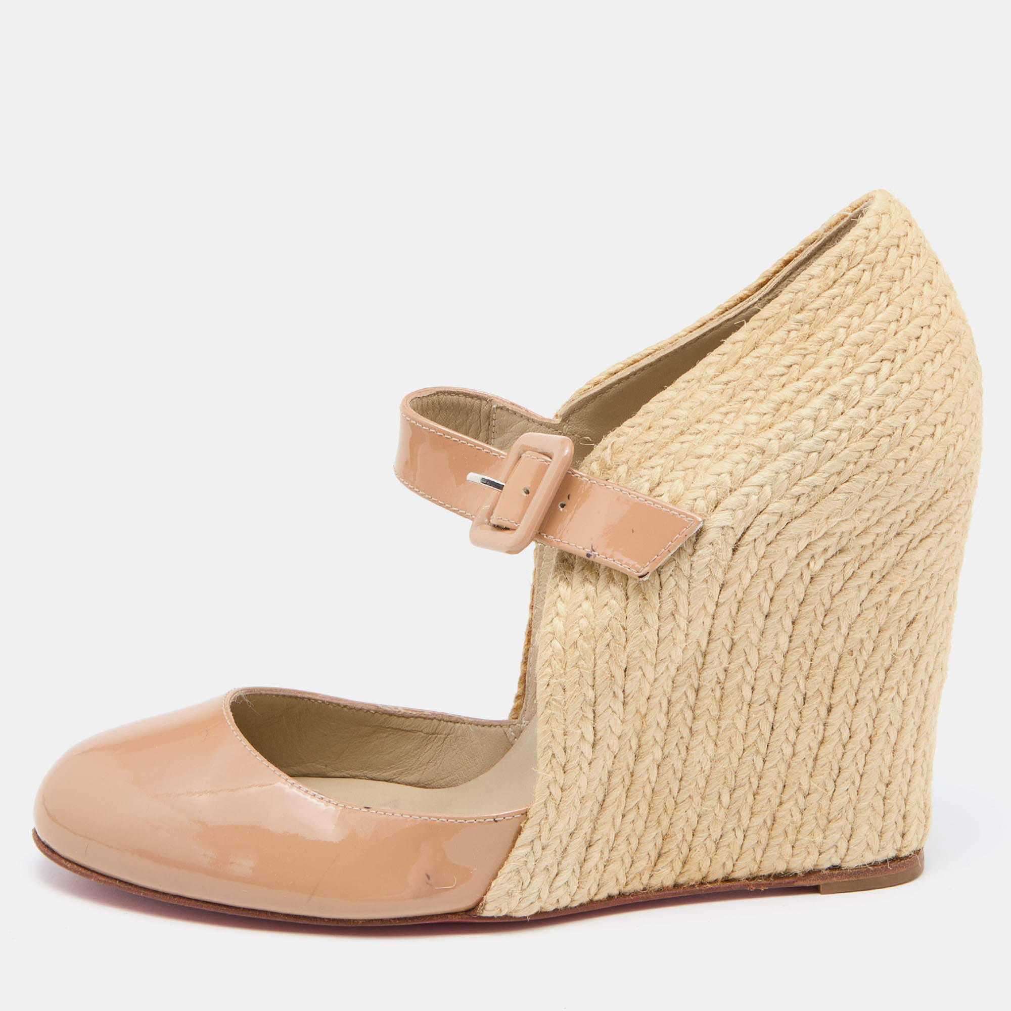 Pre Owned Christian Louboutin Beige Patent Leather Cordocou Espadrille Pumps Size 38