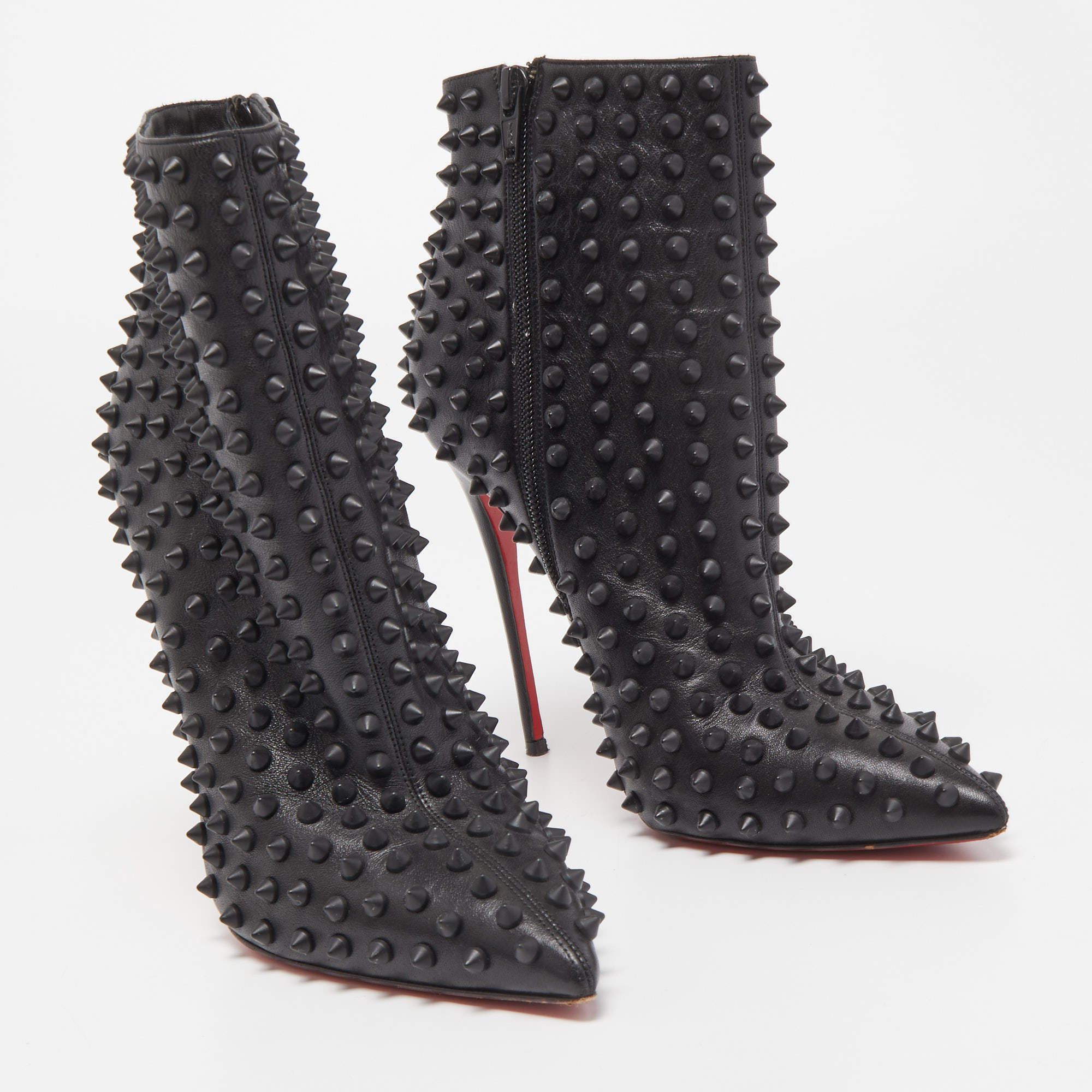 CHRISTIAN LOUBOUTIN Snakilta Corazon Red Spike Leather Ankle Boots  Booties 36