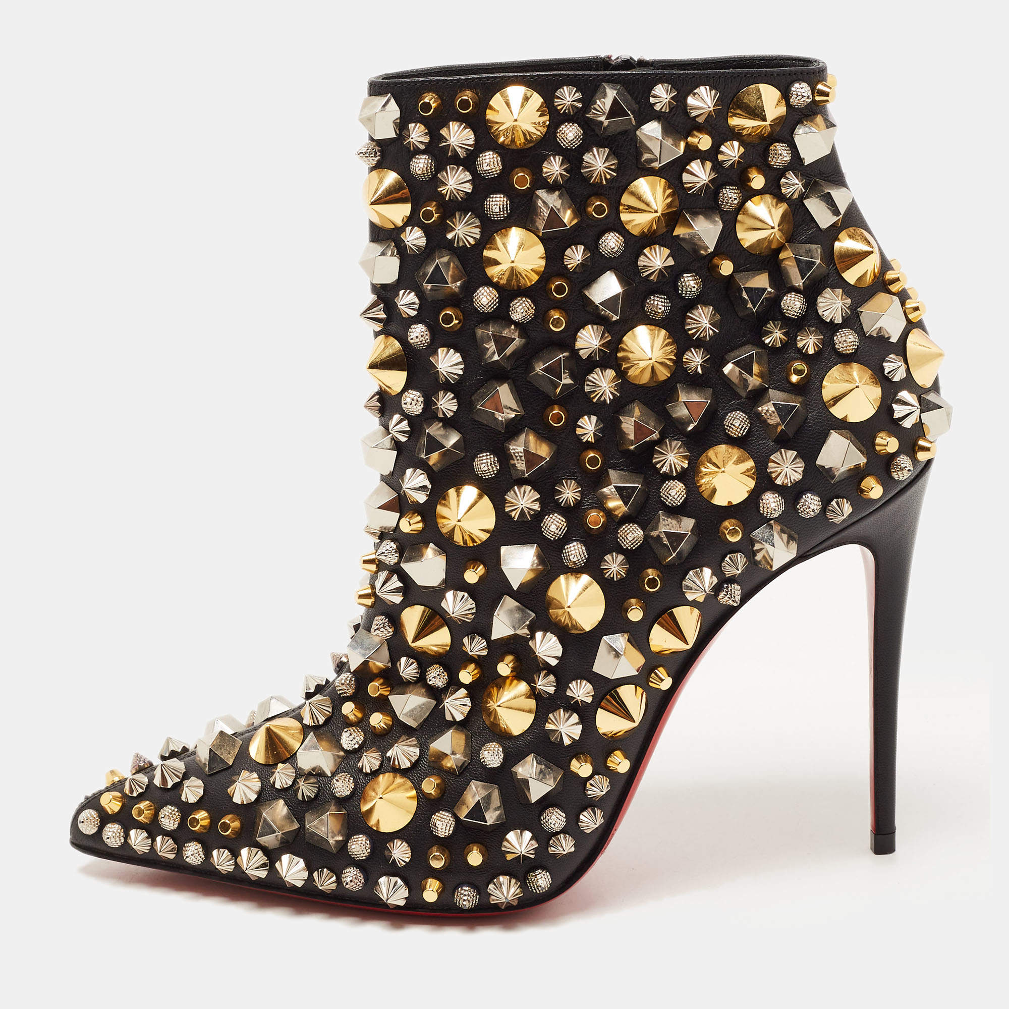 Pre Owned Christian Louboutin Black Leather Studded So Full Kate Ankle Booties Size 38