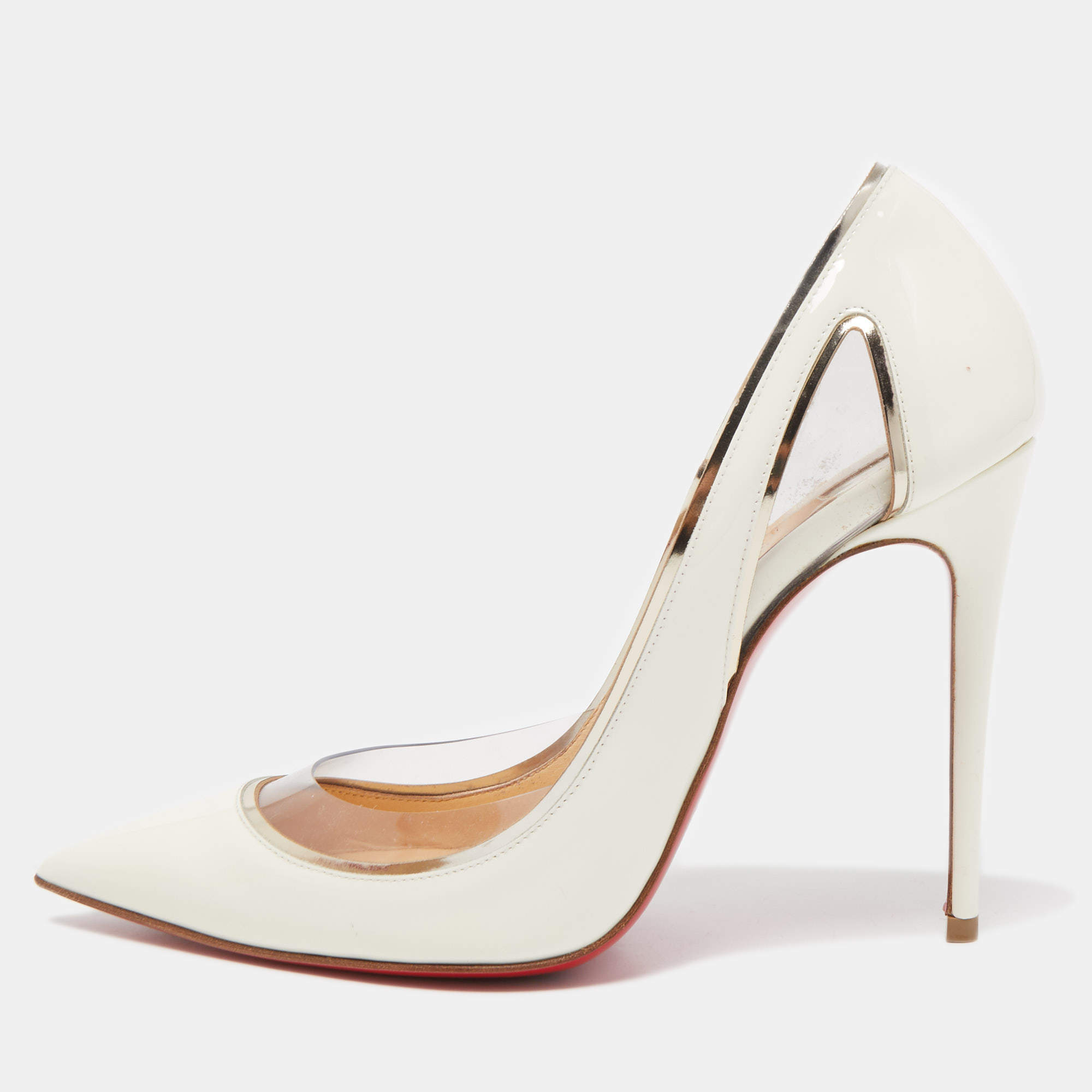 Pre Owned Christian Louboutin White Patent Leather and PVC Cosmo Pumps Size 36