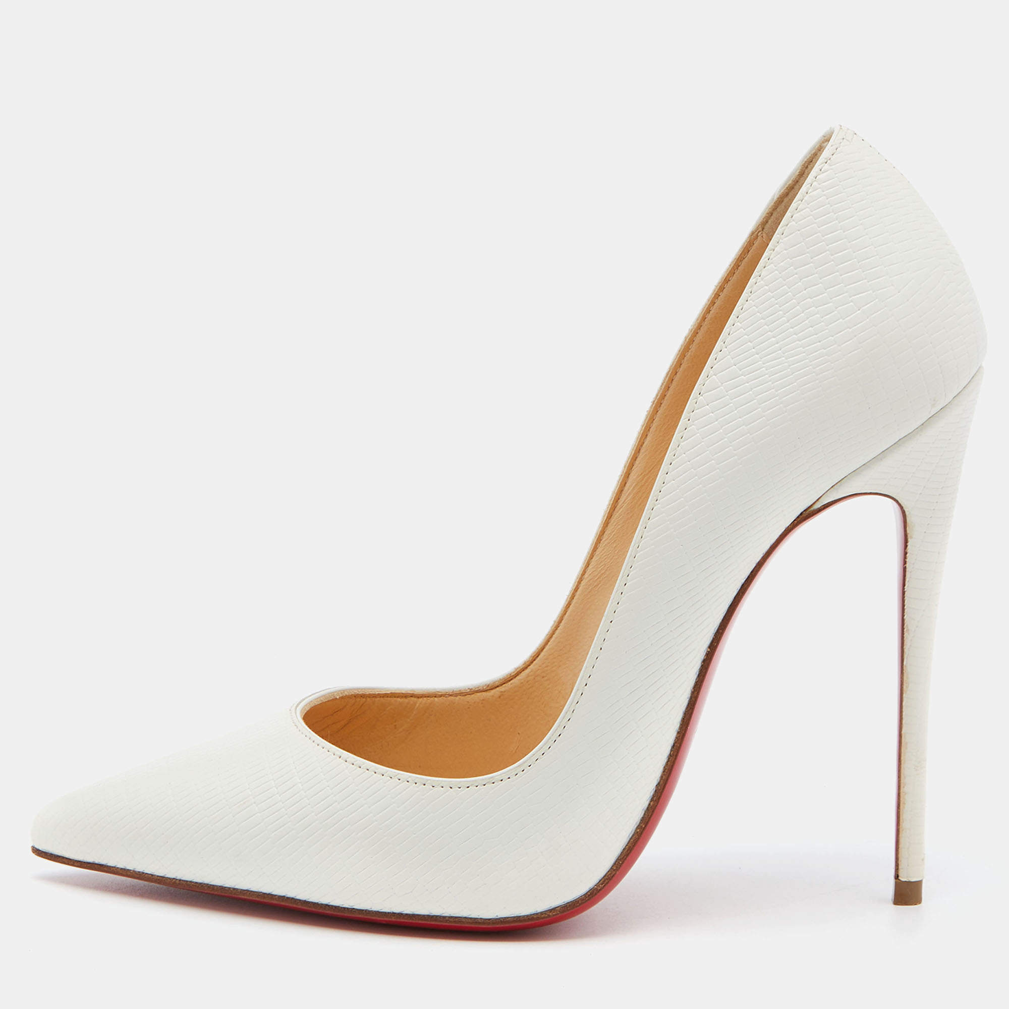Pre Owned Christian Louboutin White Lizard Embossed Leather So Kate Pumps Size 37