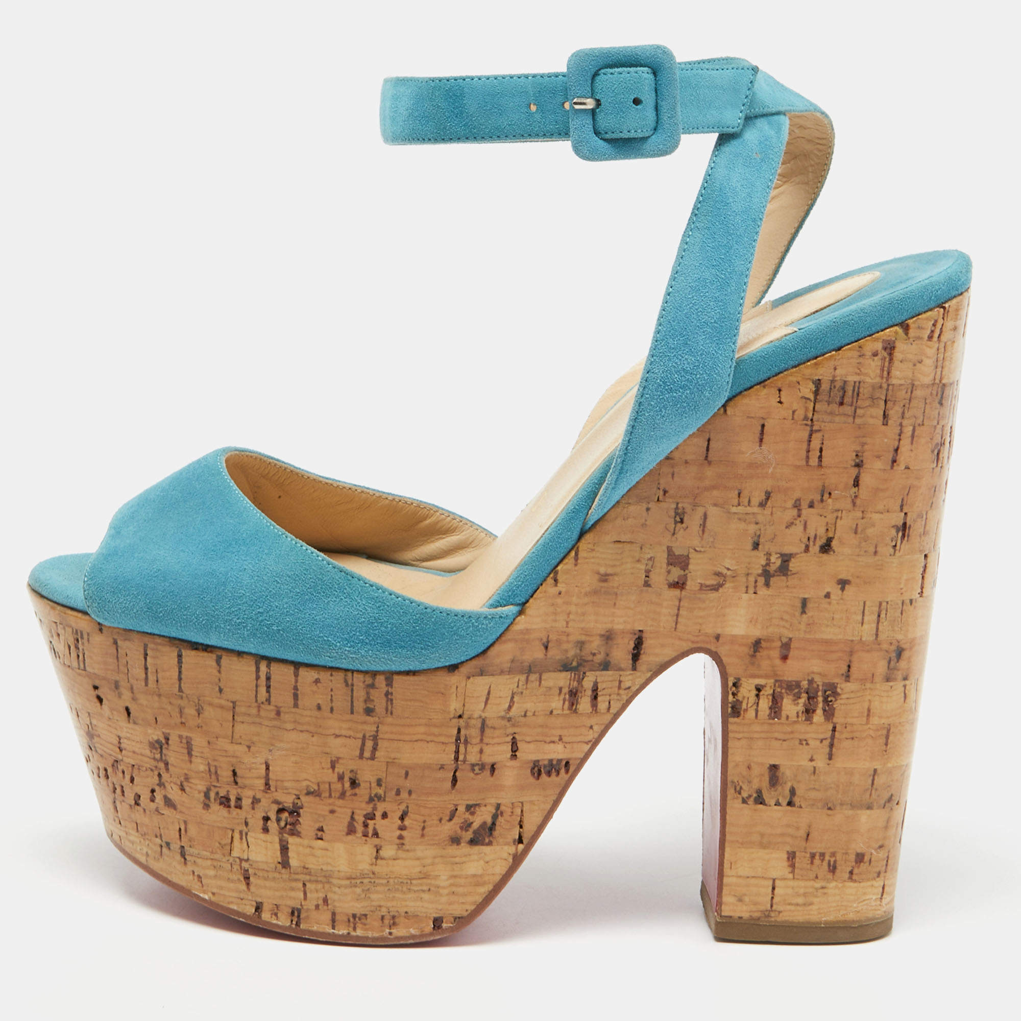 Christian Louboutin Turquoise Suede Super Dombasle Sandals Size 38.5