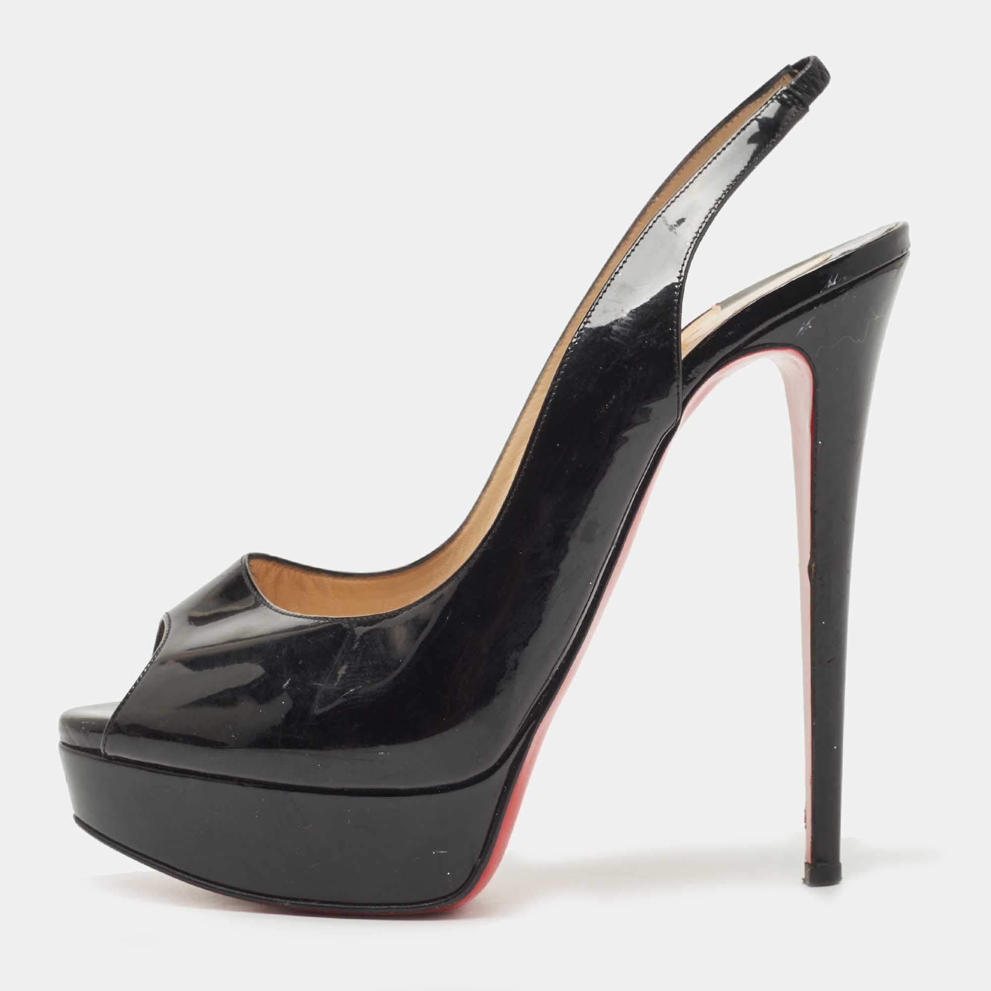 Pre Owned Christian Louboutin Black Patent Leather Lady Peep Platform Peep Toe Slingback Sandals Size 39