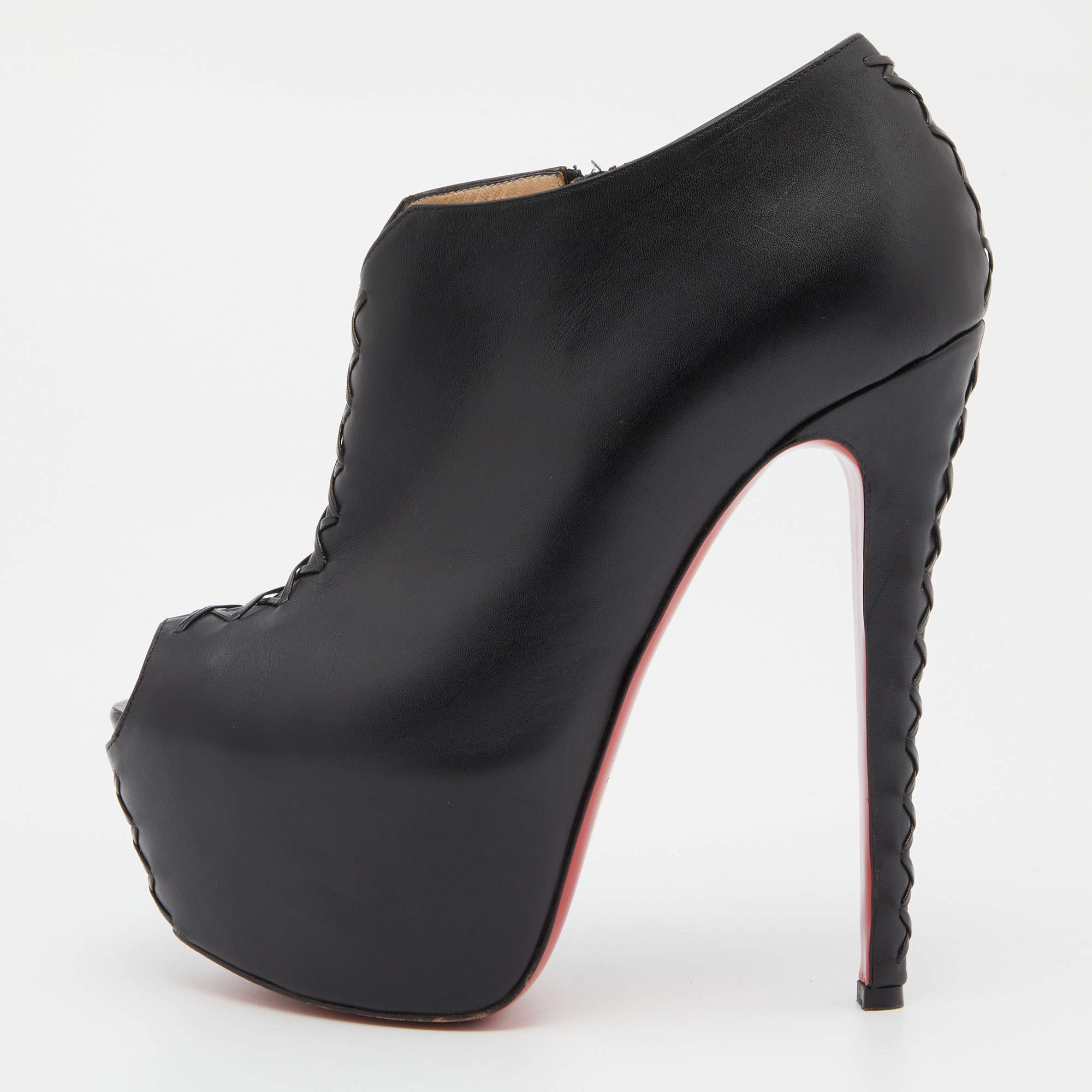 Pre Owned Christian Louboutin Black Leather Recouzetta Peep Toe Platform Booties Size 39