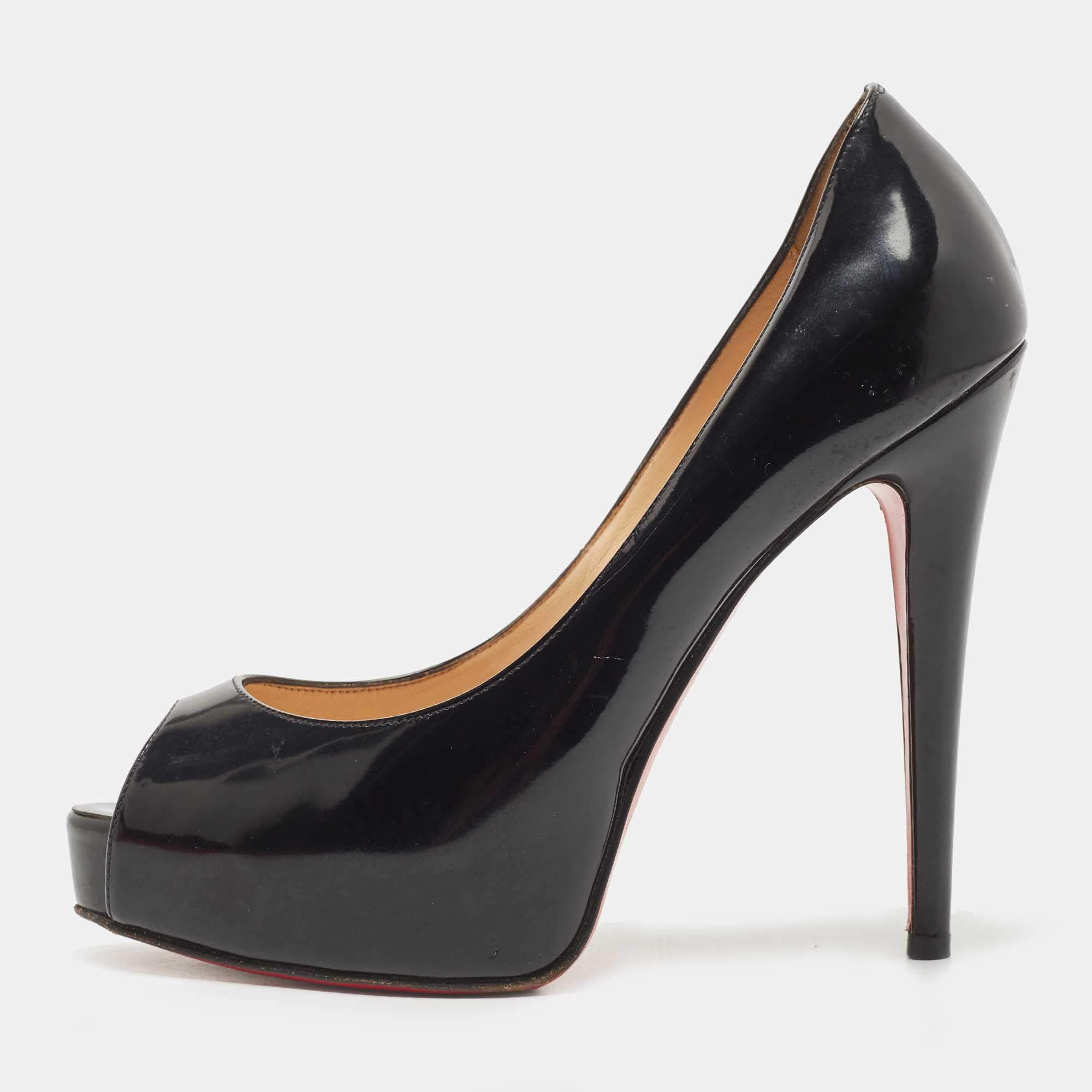 Pre Owned Christian Louboutin Black Patent Leather Very Prive Pumps Size 36.5
