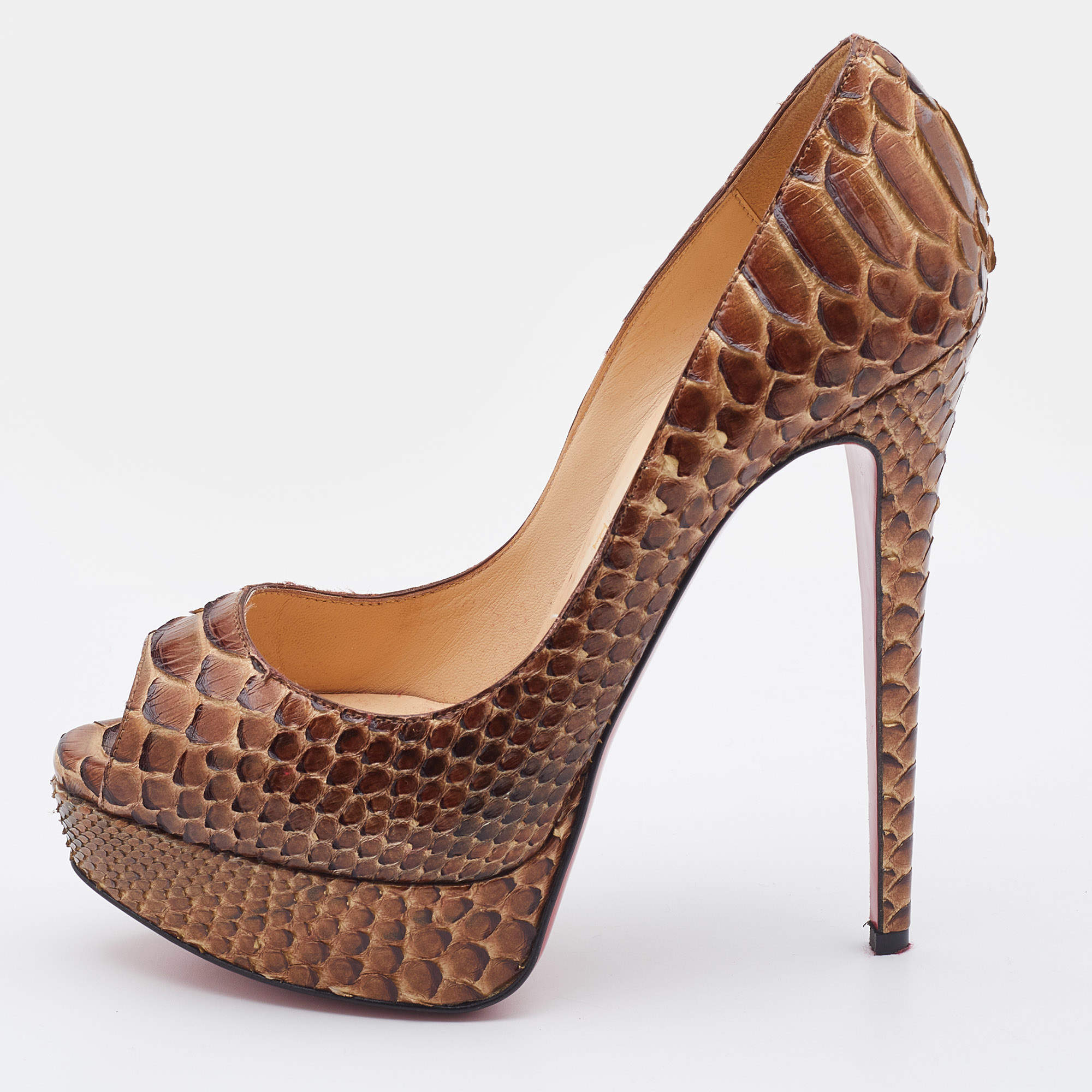 مملوكة مسبقًا Christian Louboutin Brown Python Lady Peep Platform Pumps Size 36.5