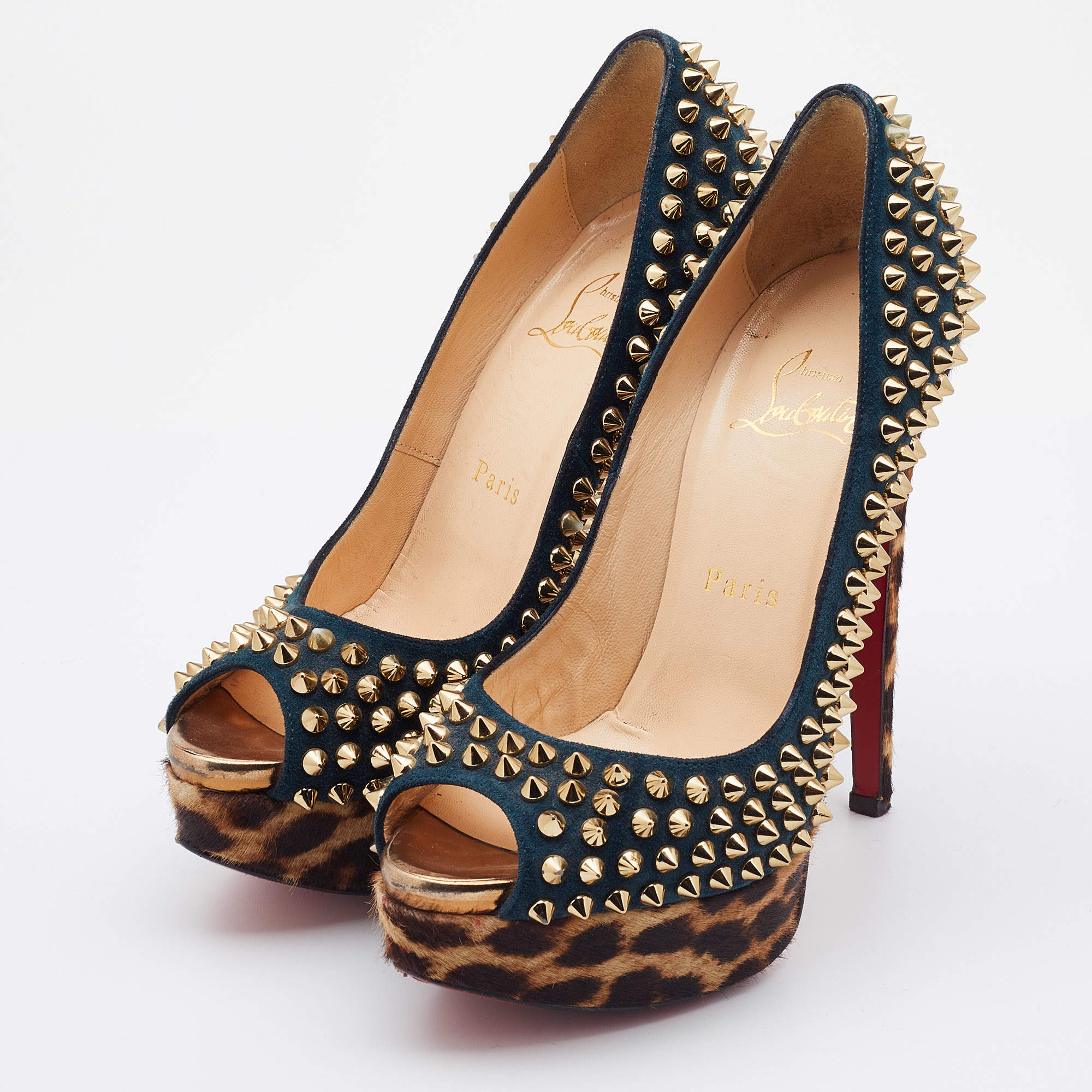 Christian Louboutin Multicolor Suede and Calfhair Lady Peep-Toe Spikes  Platform Pumps Size 36