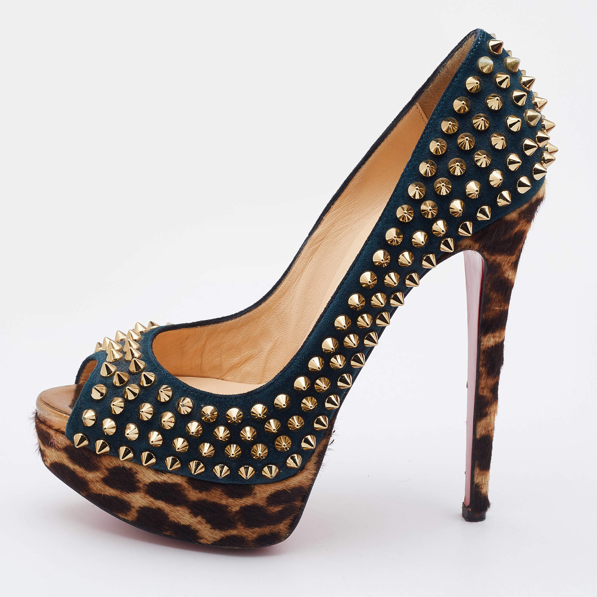 Christian Louboutin Multicolor Suede and Calfhair Lady Peep-Toe Spikes Platform Pumps Size 36