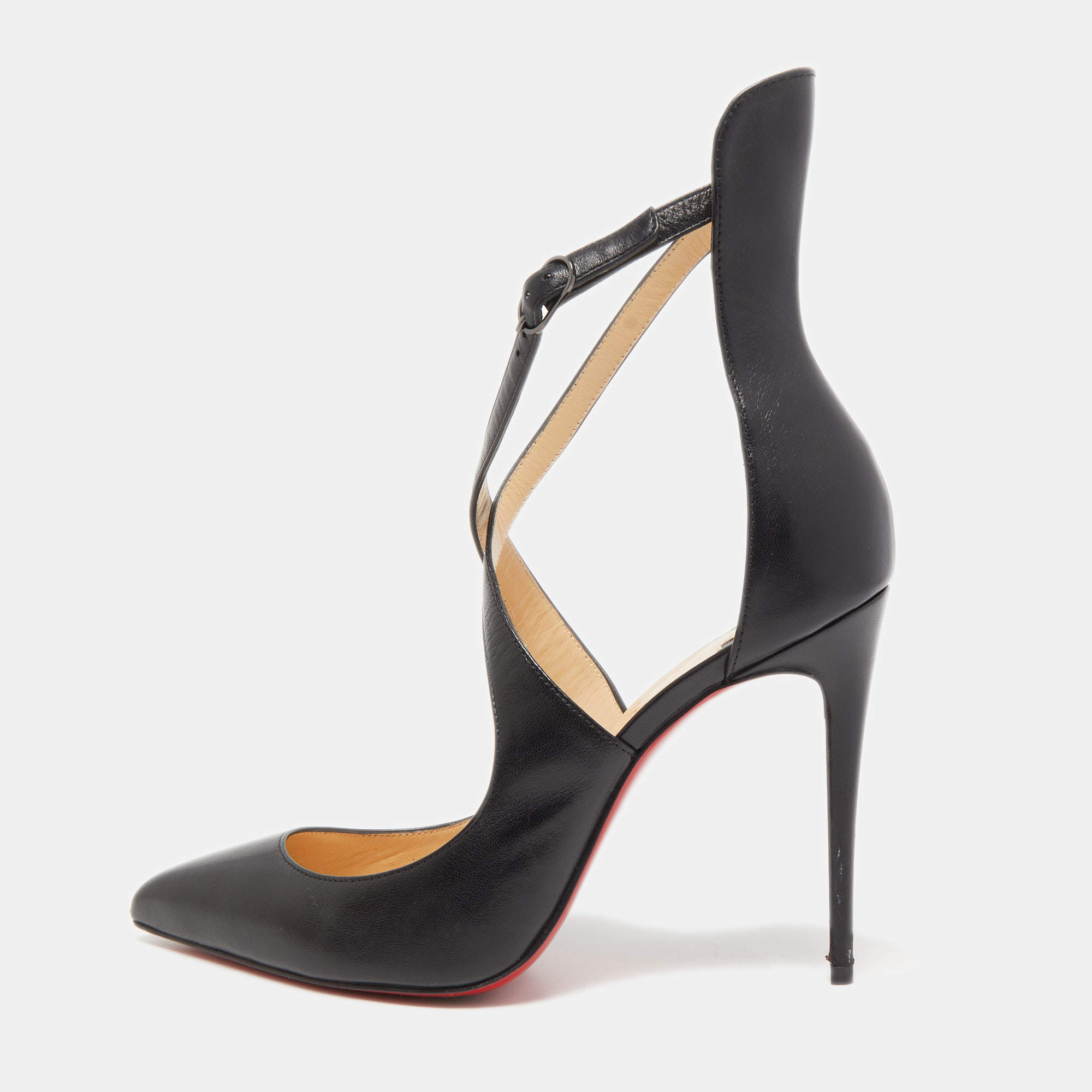 Pre Owned Christian Louboutin Black Leather Marlenarock Pointed Toe Ankle Strap Sandals Size 38.5