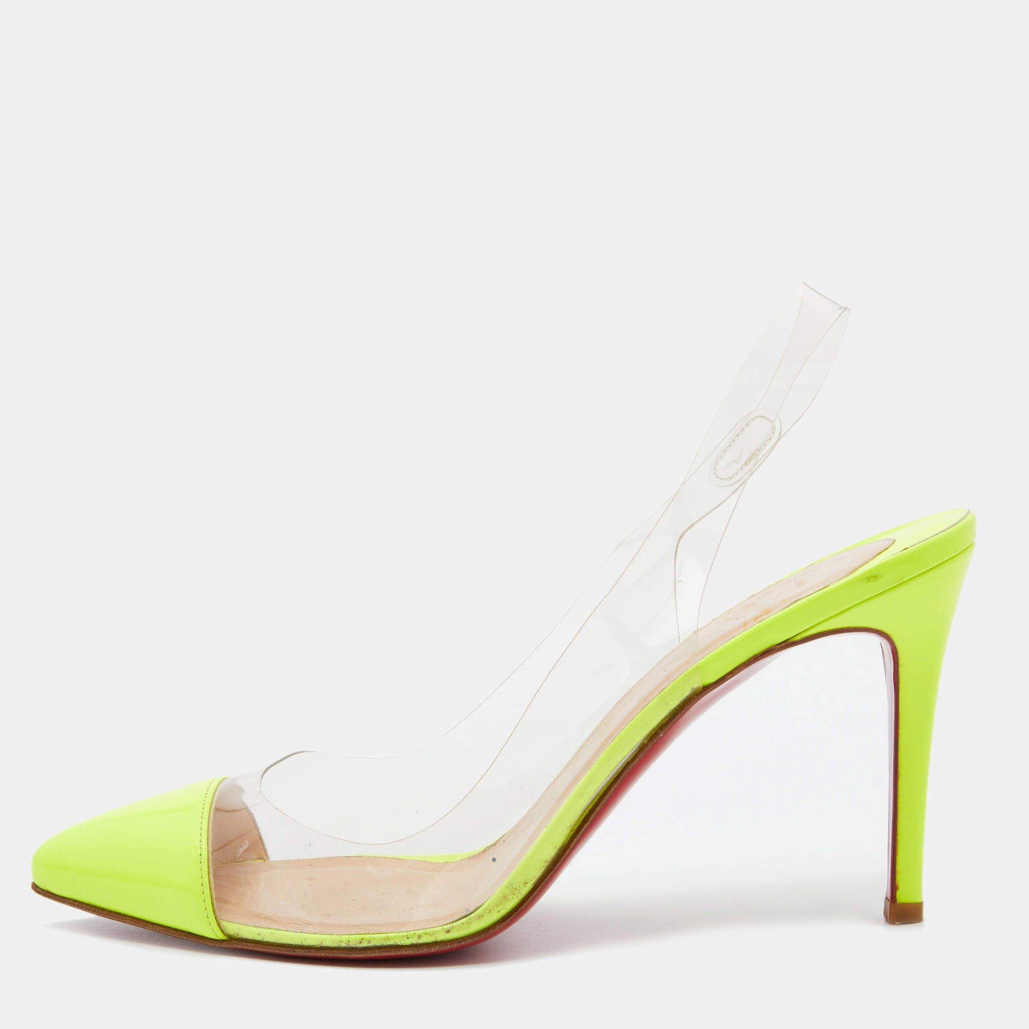 مملوكة مسبقًا Christian Louboutin Neon Yellow Patent Leather and PVC Slingback Pumps Size 38