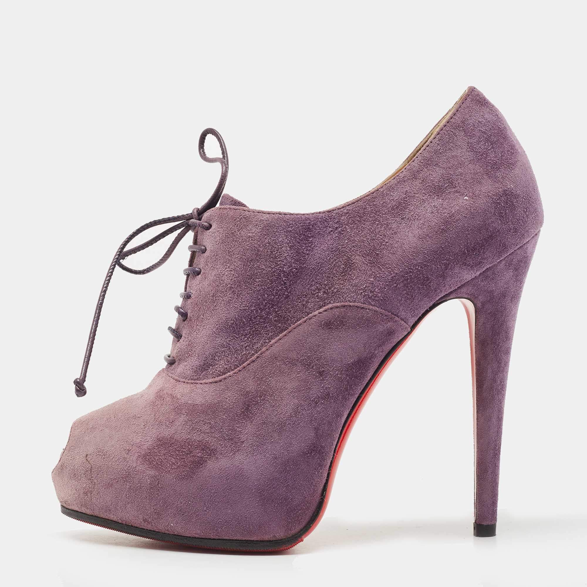 Christian Louboutin Purple Suede Peep Toe Lace Up Booties Size