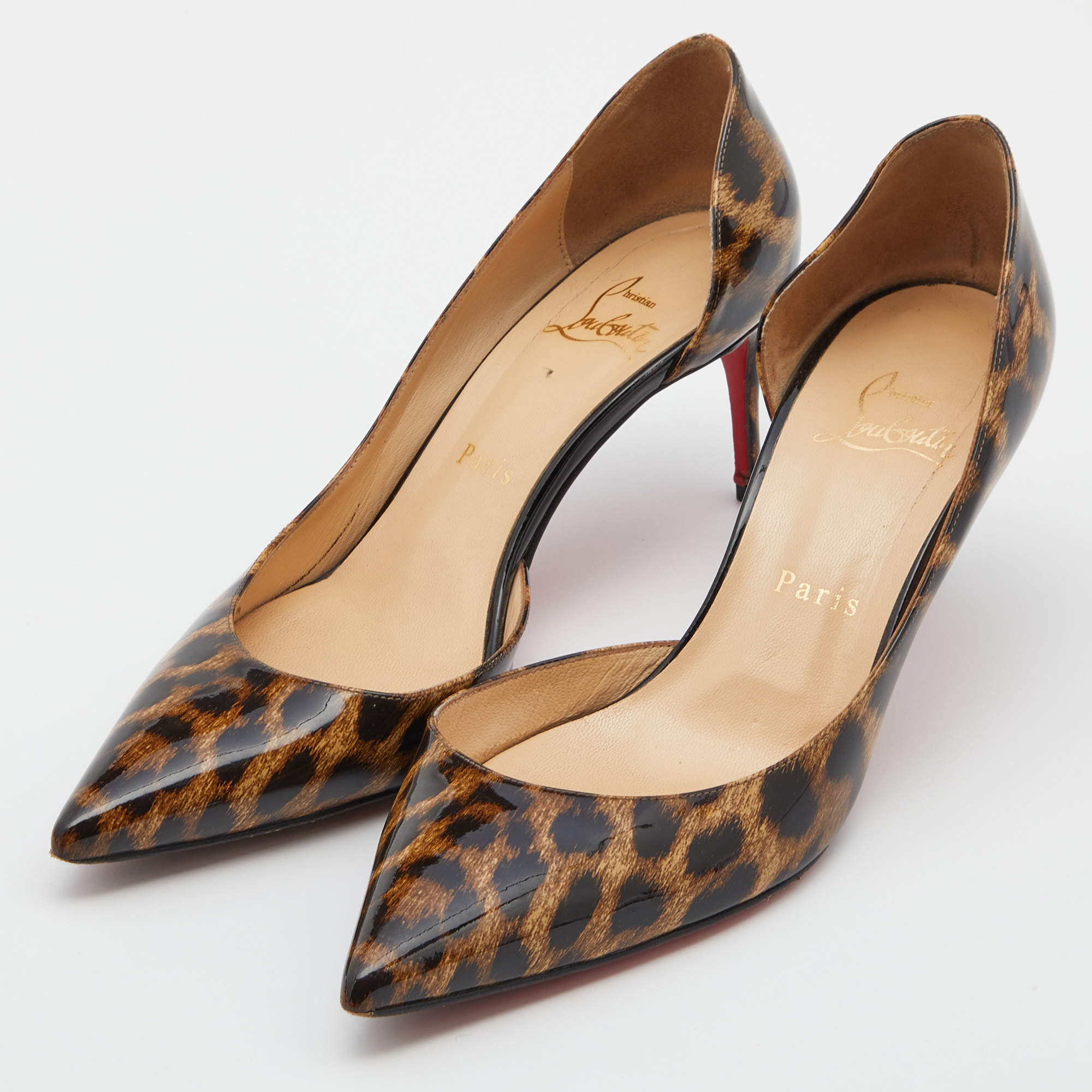 Christian Louboutin Brown Leopard Print Patent Leather Iriza Pointed Toe  D'orsay Pumps Size 37.5