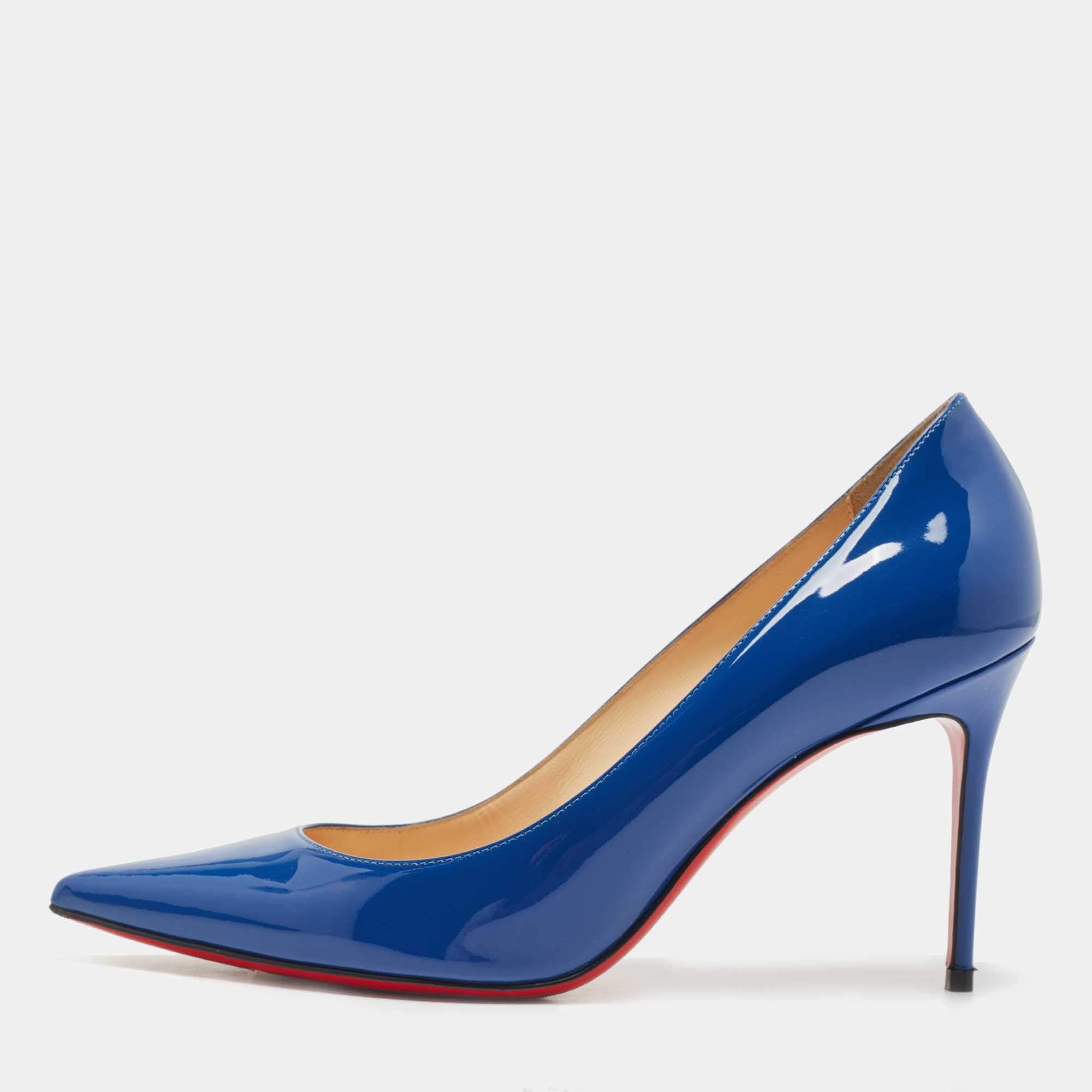 مملوكة مسبقًا Christian Louboutin Blue Patent Leather Pigalle Pointed Toe Pumps Size 38.5