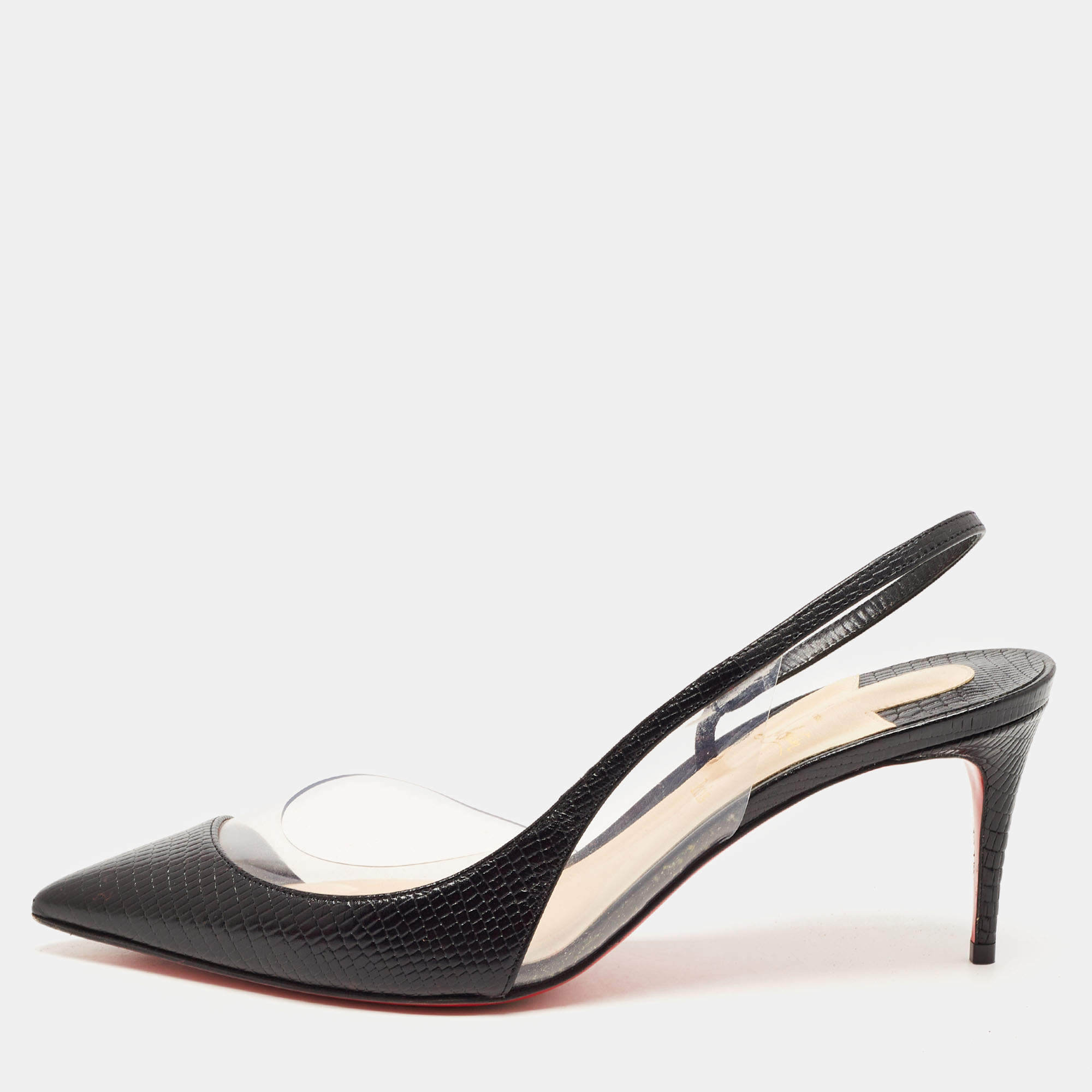 Pre Owned Christian Louboutin Black Lizard Embossed Leather and PVC Optisexy Pumps Size 37.5