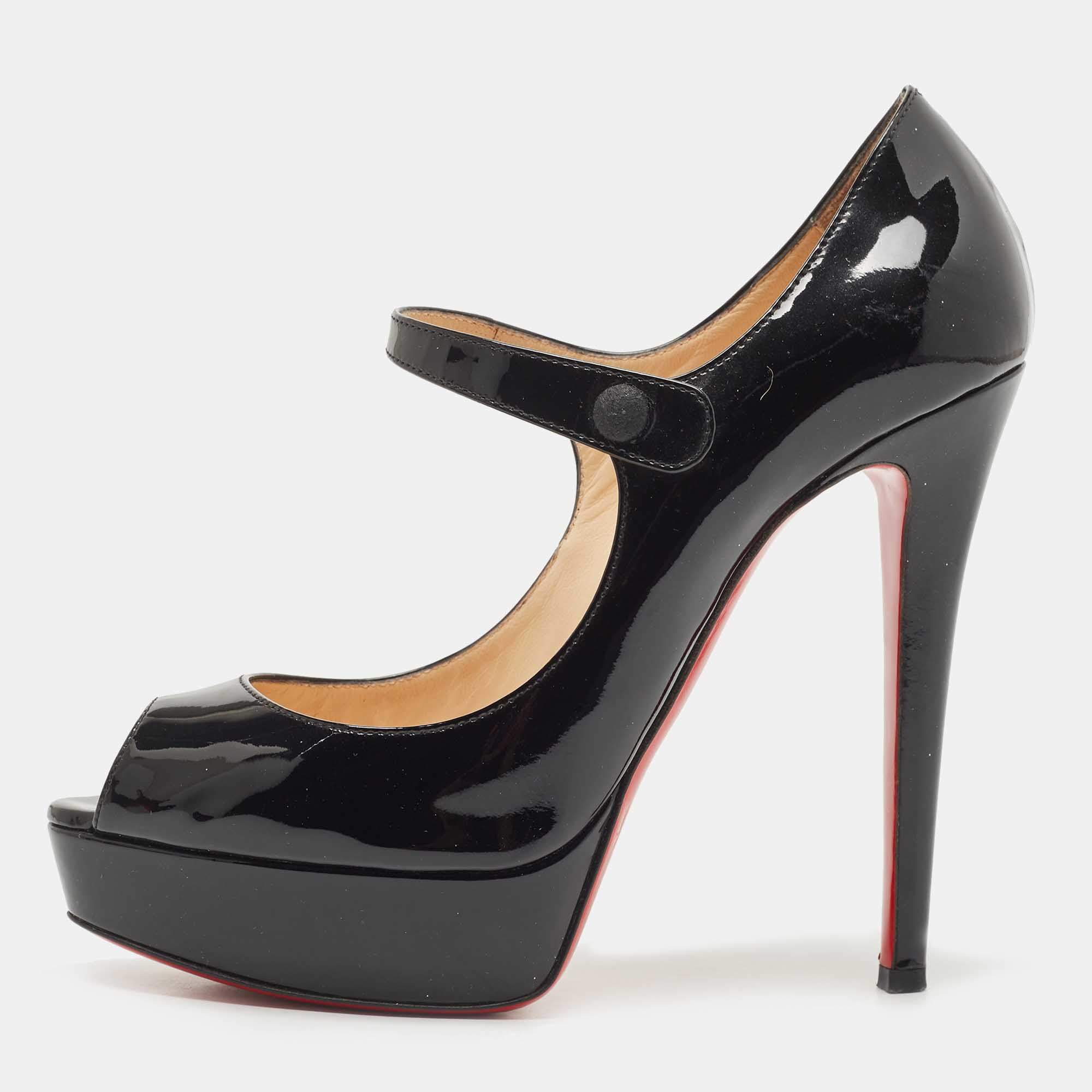 Pre Owned Christian Louboutin Black Patent Leather Zeppa Peep Toe Pumps Size 39
