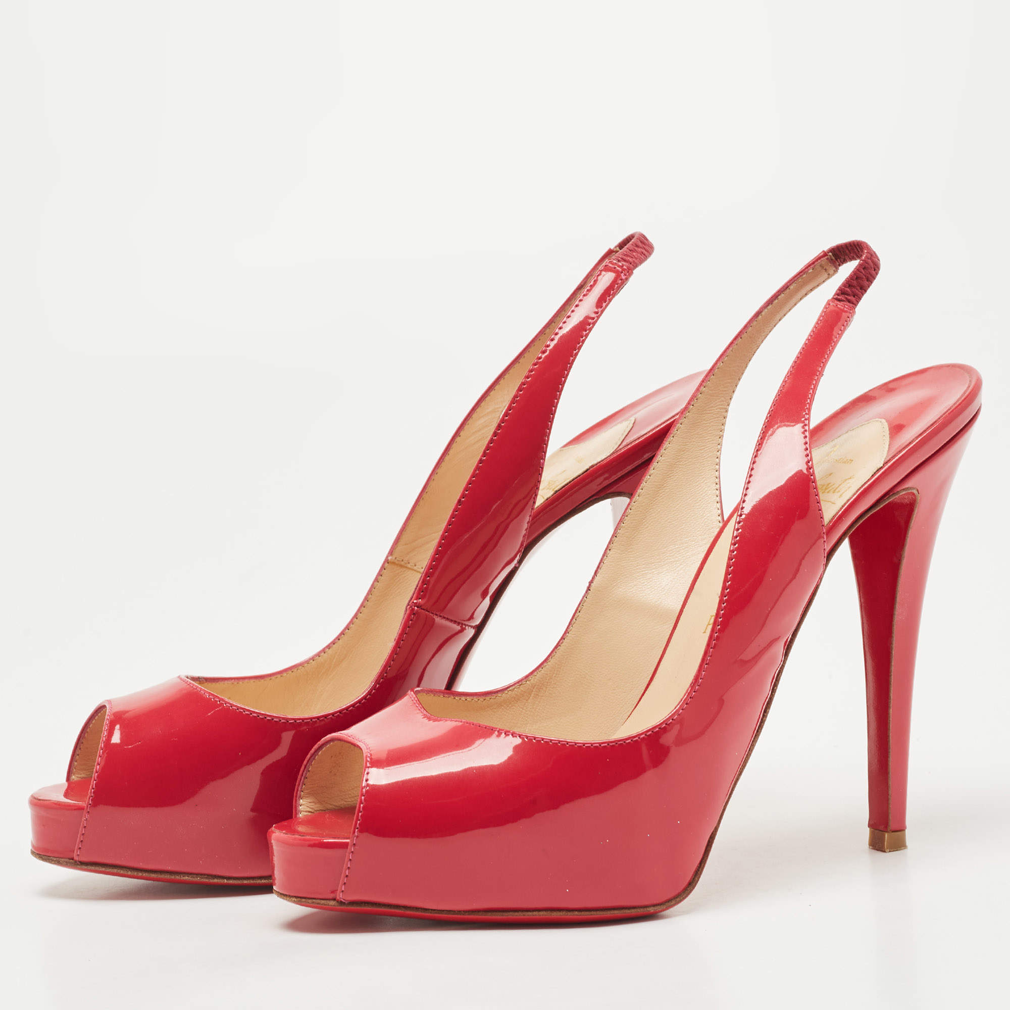 Christian Louboutin Red Patent Leather Private Number Peep Toe Slingback Sandals Size 38.5