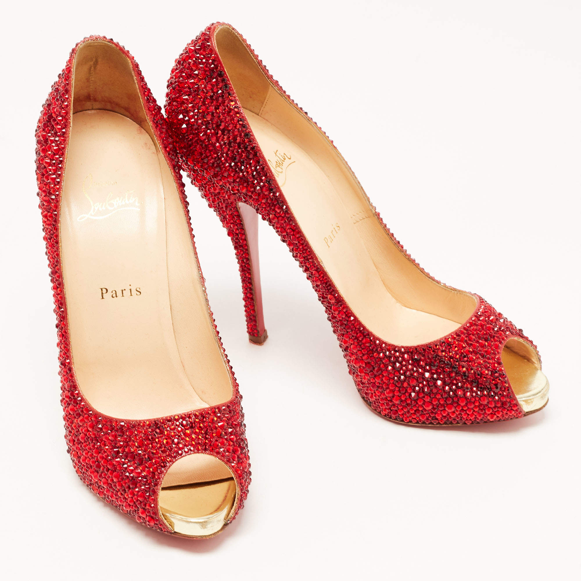 Christian Louboutin Red Crystal Embellished Leather Lady Claude Peep Toe Pumps Size 39.5