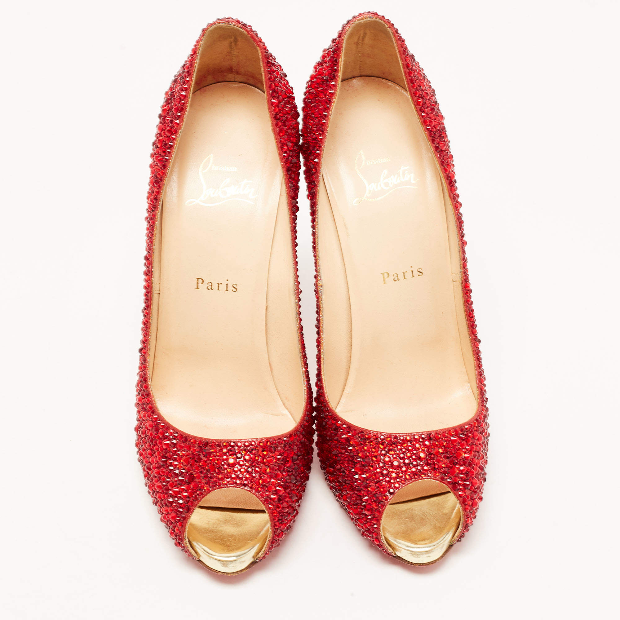 Christian Louboutin Red Crystal Embellished Leather Lady Claude Peep Toe Pumps Size 39.5