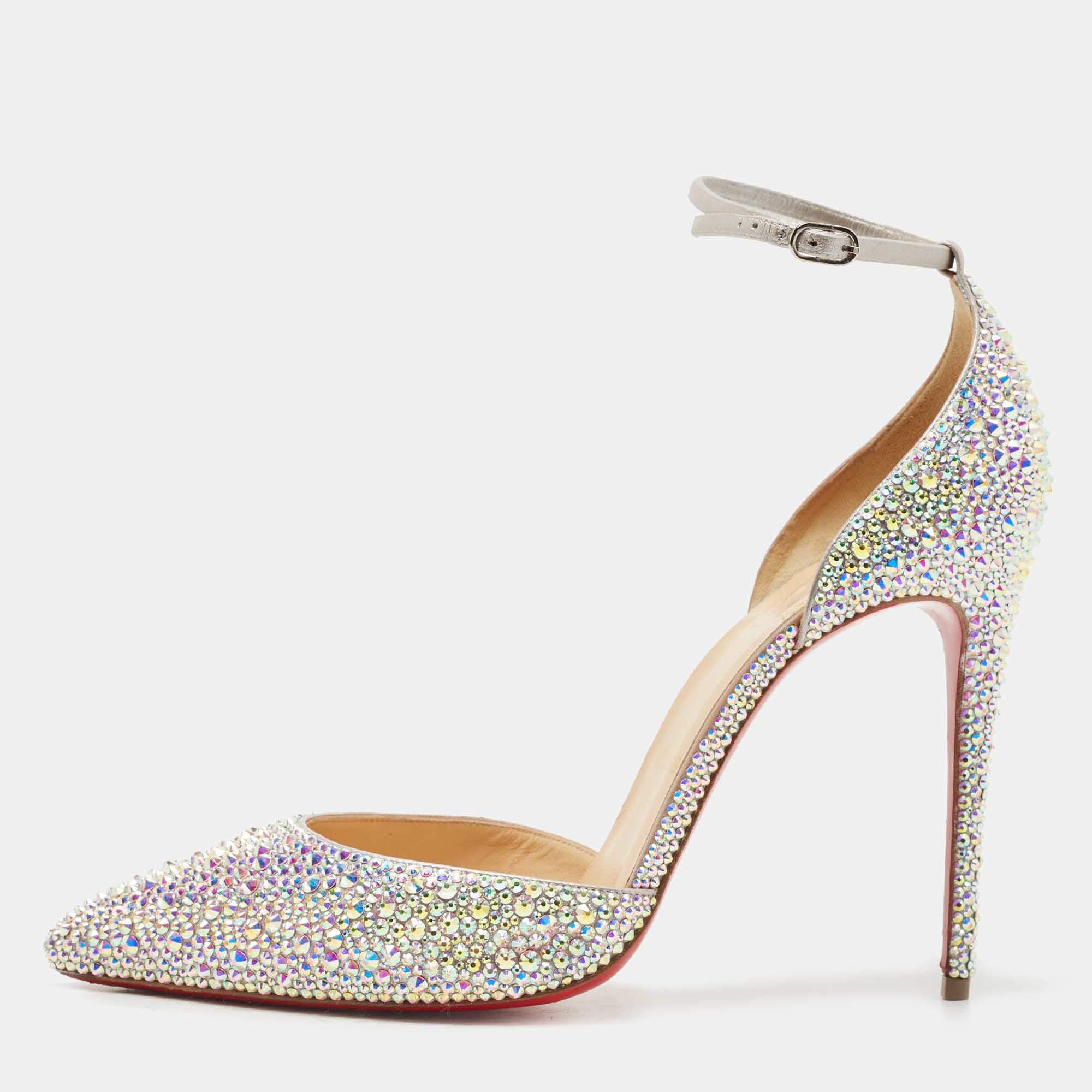 Pre Owned Christian Louboutin Silver Leather Crystals Embellished Uptown Pumps Size 40