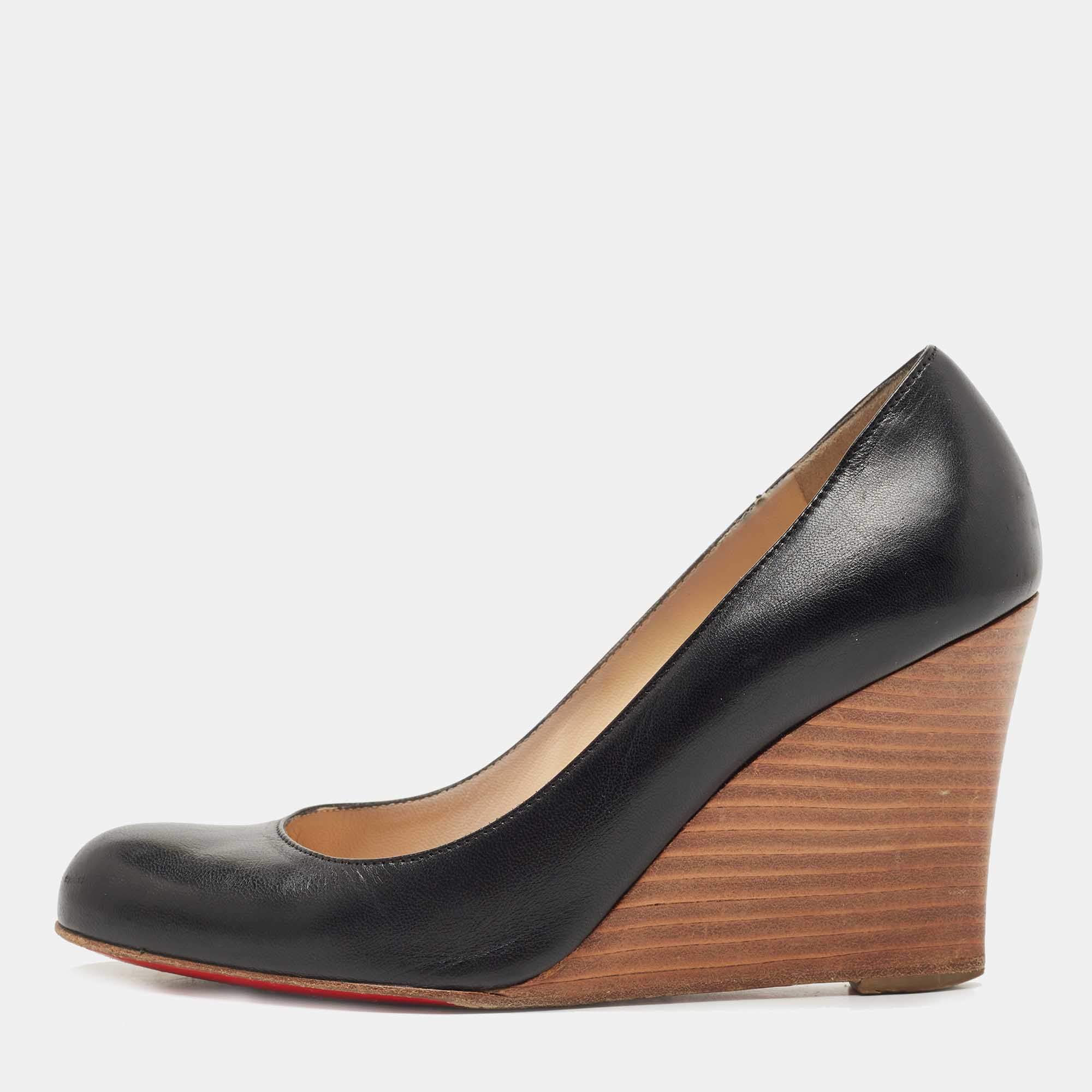 Pre Owned Christian Louboutin Black Leather Ron Ron Wedge Pumps Size 35.5