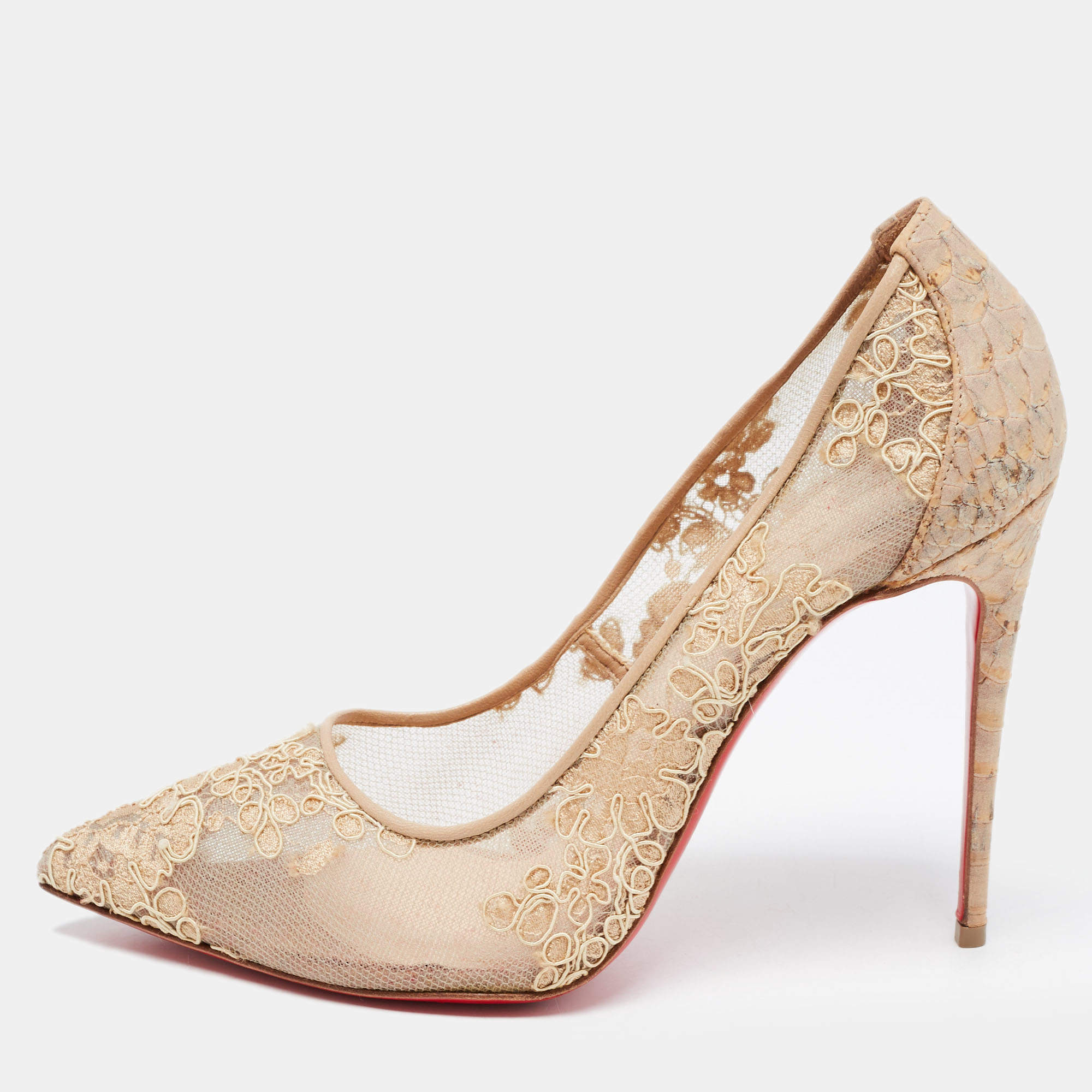 مملوكة مسبقًا Christian Louboutin Beige Lace and Embossed Python Leather Pigalle Follies Pumps Size 38