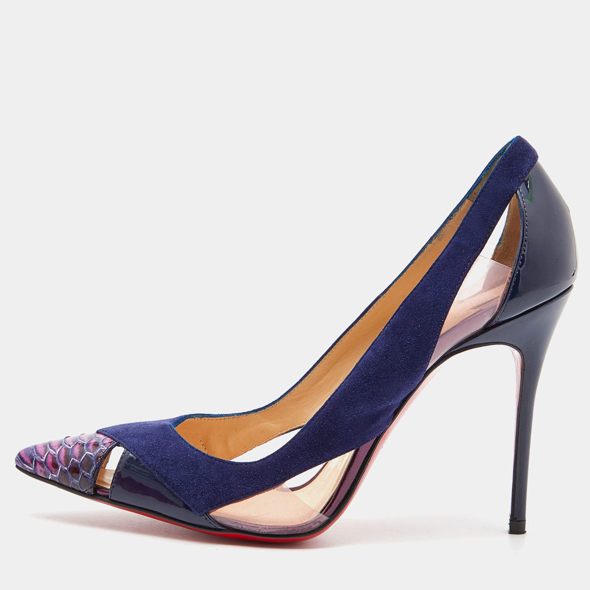 Pre Owned Christian Louboutin Blue Suede ,Patent and Python Leather Galata Pointed Toe Cutout Pumps Size 36