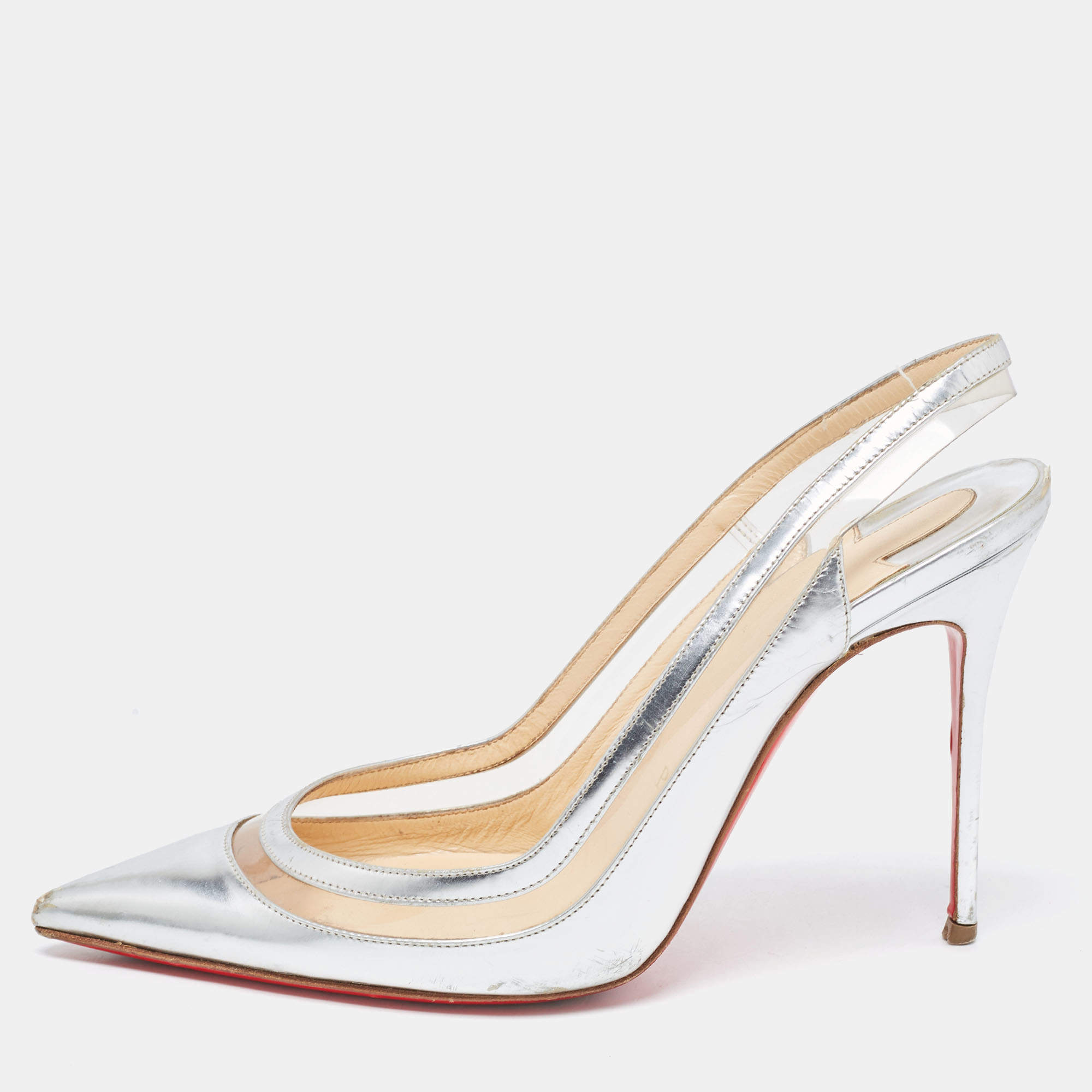 Christian Louboutin Silver Leather and PVC  Paulina  Slingback  Pumps Size 37.5