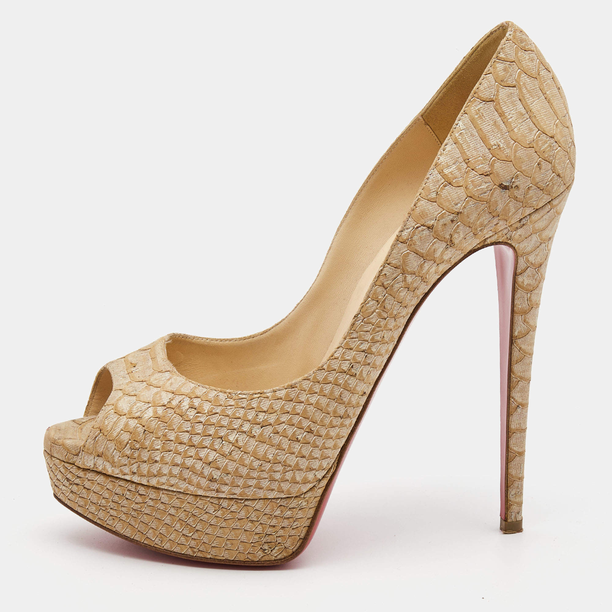 Christian Louboutin Two Tone Python Embossed Leather Lady Peep Pumps Size 39.5