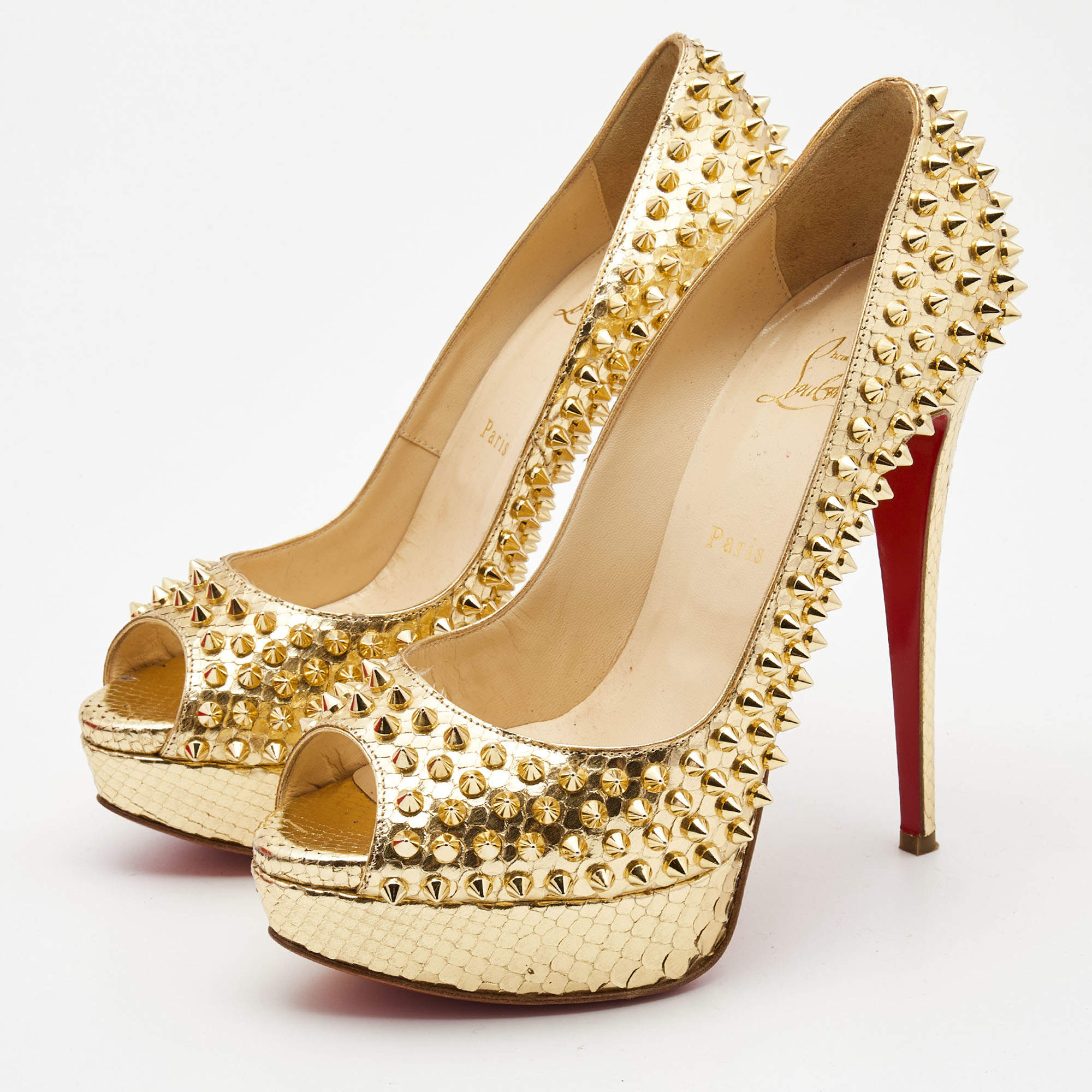 Christian Louboutin Gold Python Embossed Leather Lady Peep Spikes Pumps  Size 40