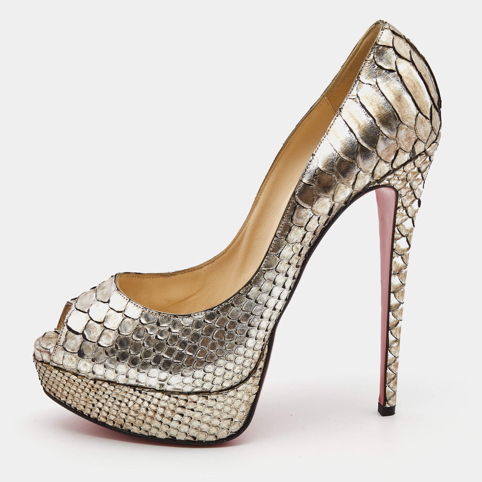 Pre Owned Christian Louboutin Two Tone Python Lady Peep Pumps Size 40