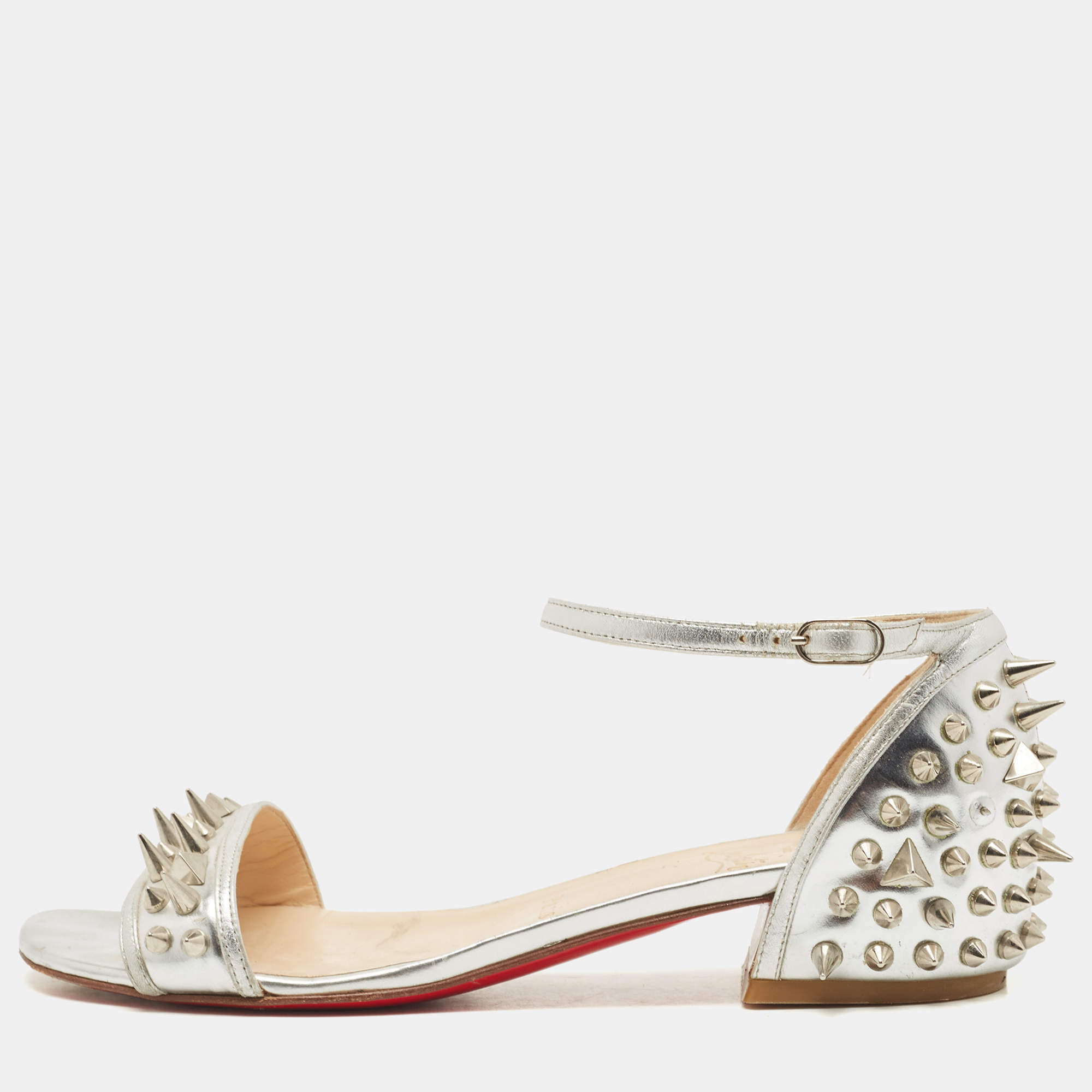 مملوكة مسبقًا Christian Louboutin Silver Leather Druide Ankle Strap Sandals Size 38
