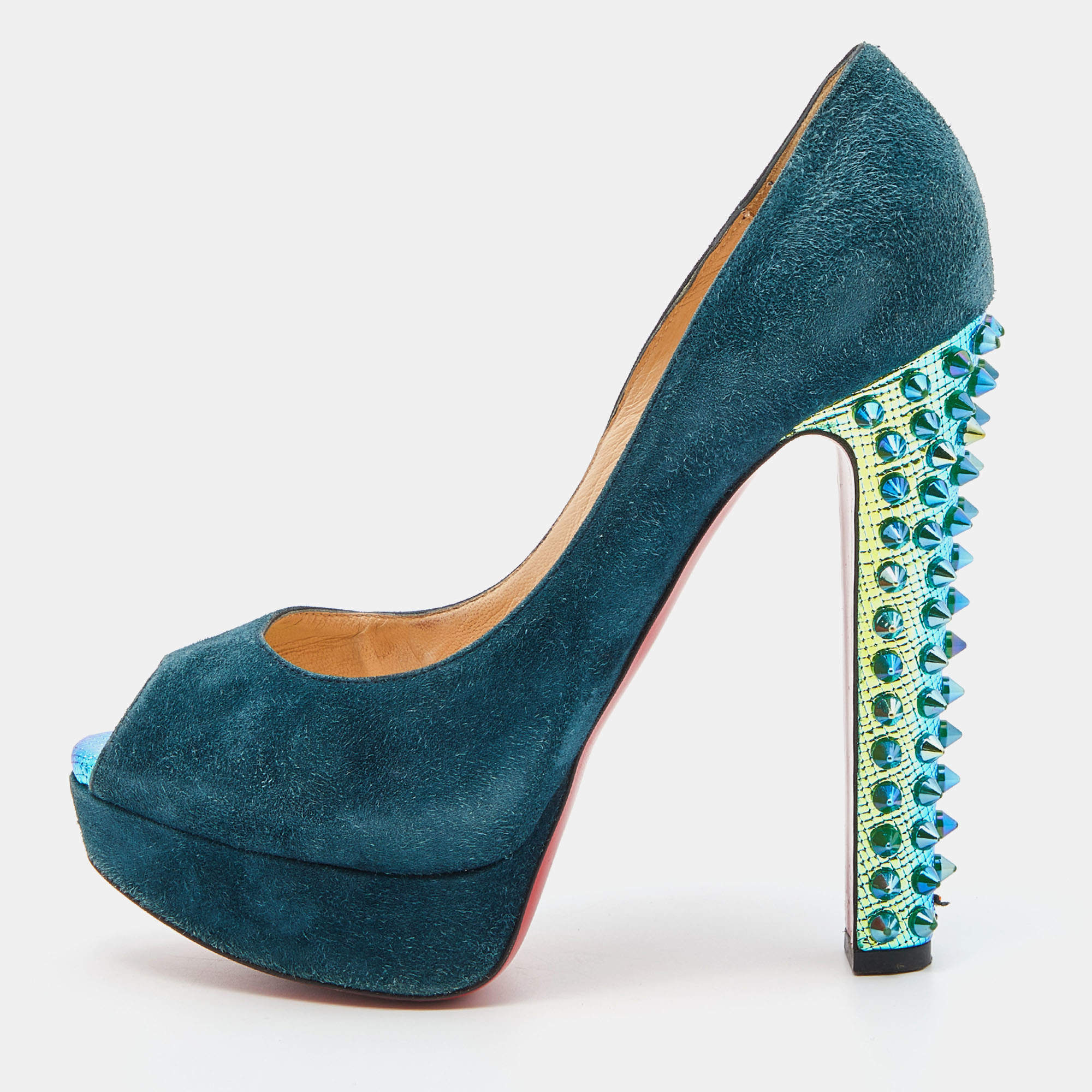 Pre Owned Christian Louboutin Blue Suede Babel Clou Hologram Heel Platform Pumps Size 38.5