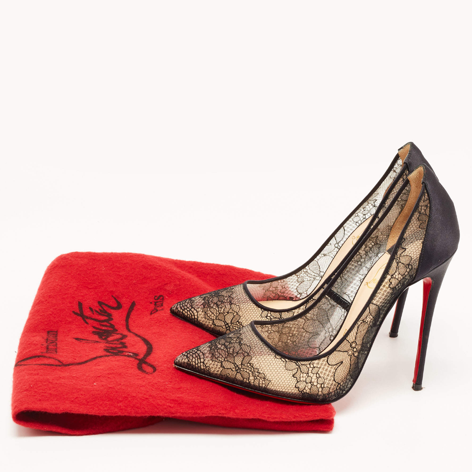 Christian Louboutin Black Satin and Lace Follies Pumps Size 37 Christian Louboutin TLC