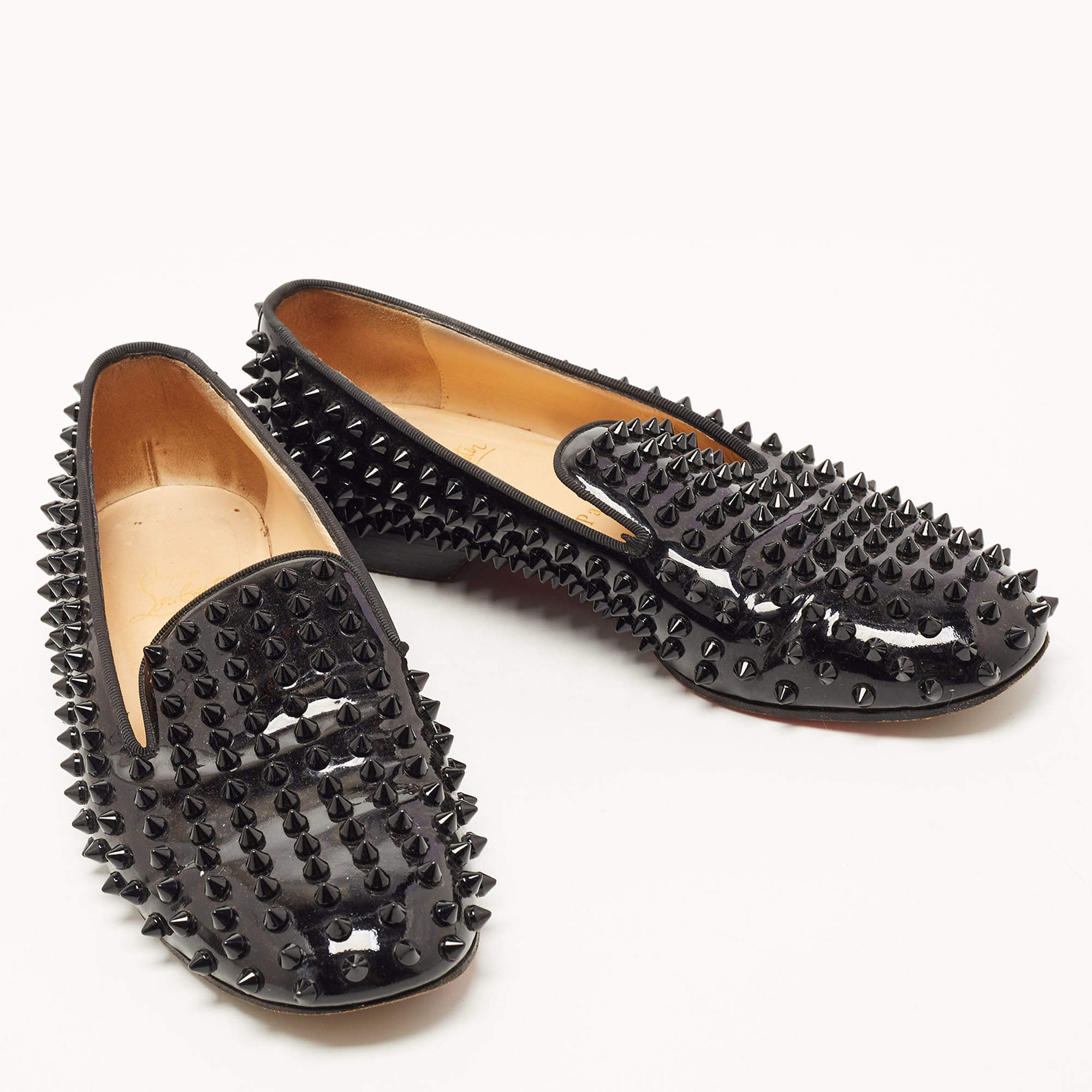 Christian Louboutin Black Patent Leather Dandelion Spikes Smoking Slippers  Size 38