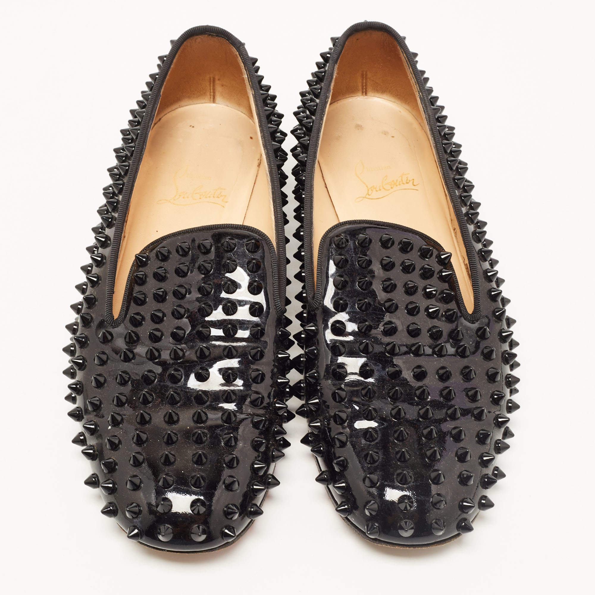 Christian Louboutin Black Patent Leather Dandelion Spikes Smoking Slippers  Size 38