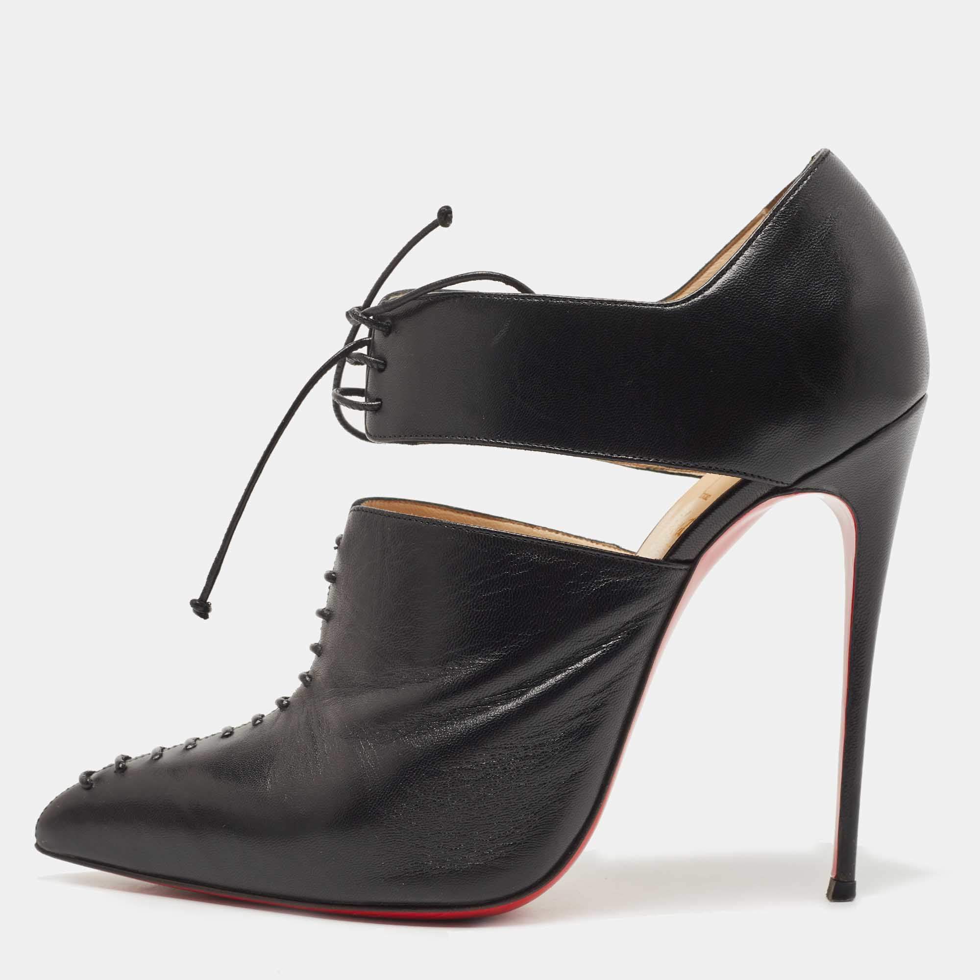 Pre Owned Christian Louboutin Black Leather Corsita Booties Size 39.5