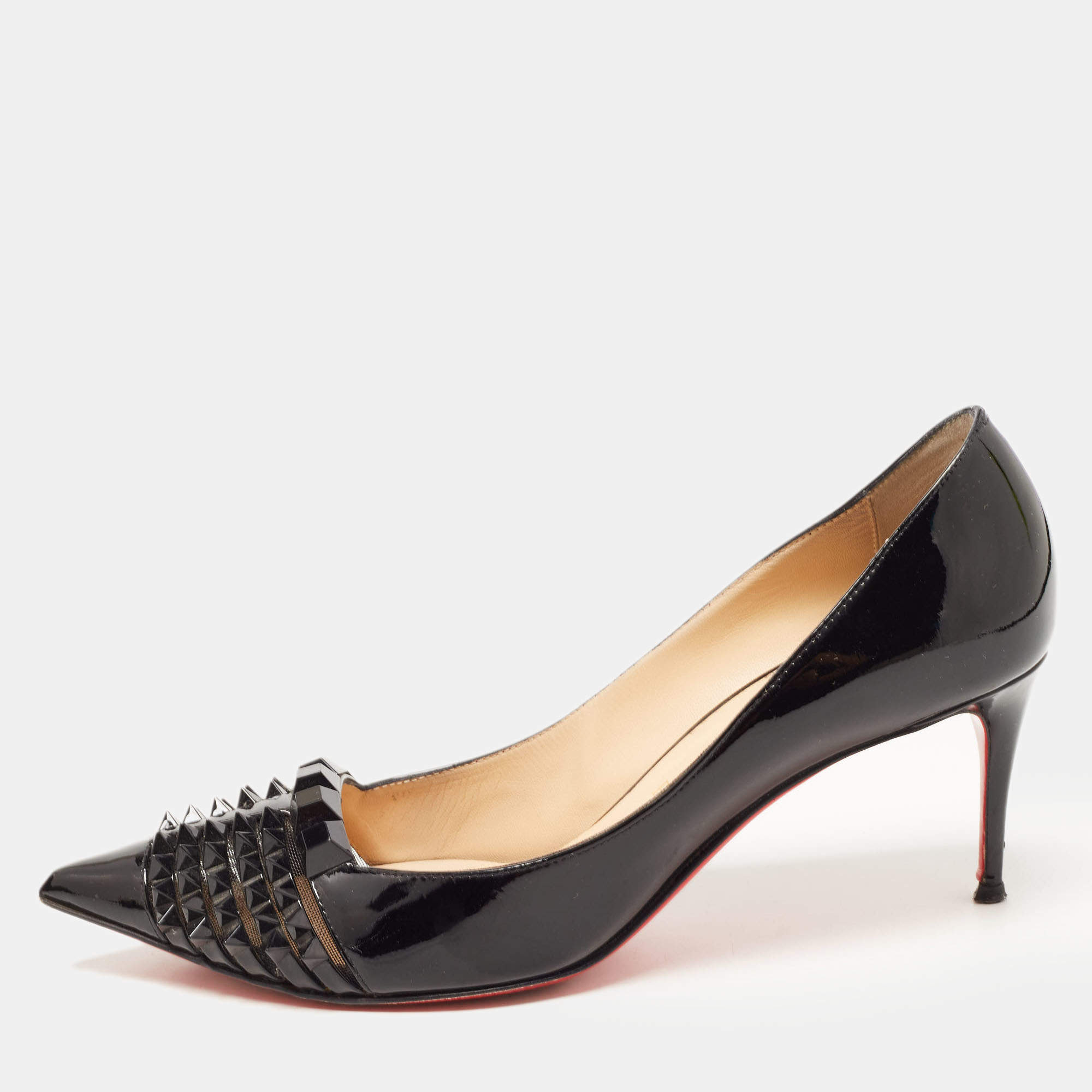 مملوكة مسبقًا Christian Louboutin Black Patent Leather And Mesh Pyrami Pumps Size 39.5